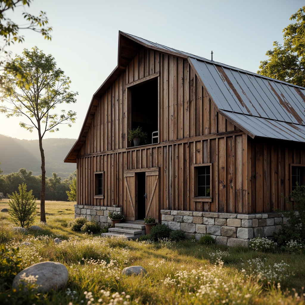 Prompt: Rustic barn, wooden planks, corrugated metal roofs, distressed finishes, earthy tones, natural stone foundations, weathered wood accents, vintage farm equipment, rolling hills, countryside scenery, warm sunlight, soft shadows, shallow depth of field, 1/2 composition, realistic textures, ambient occlusion, rural landscape, wildflowers, grasslands, serene atmosphere.