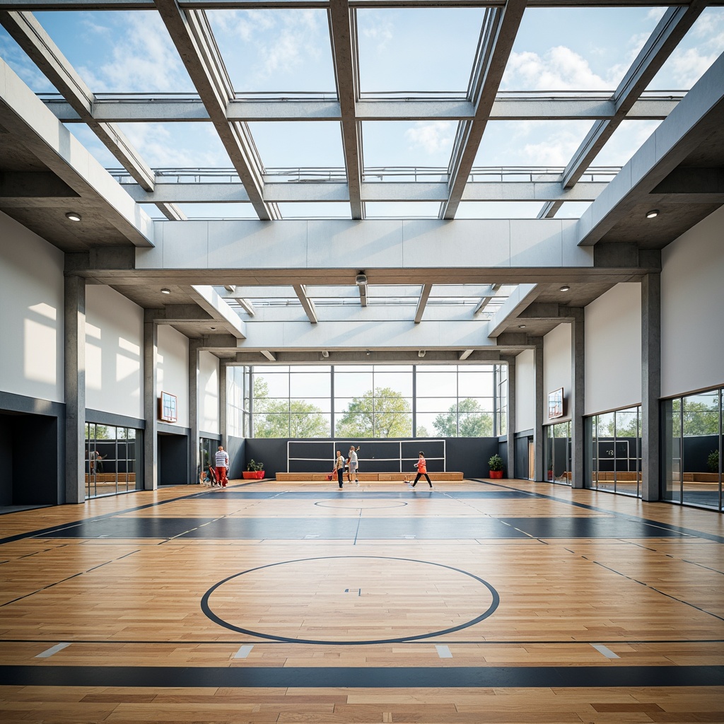 Prompt: Modern gymnasium interior, translucent roofing materials, natural light filtering, soft diffused lighting, sleek metal beams, polished wooden flooring, athletic tracks, basketball courts, volleyball nets, exercise equipment, mirrored walls, minimalist decor, spacious high ceilings, airy atmosphere, subtle color palette, gentle ambient occlusion, 1/2 composition, realistic reflections, shallow depth of field.