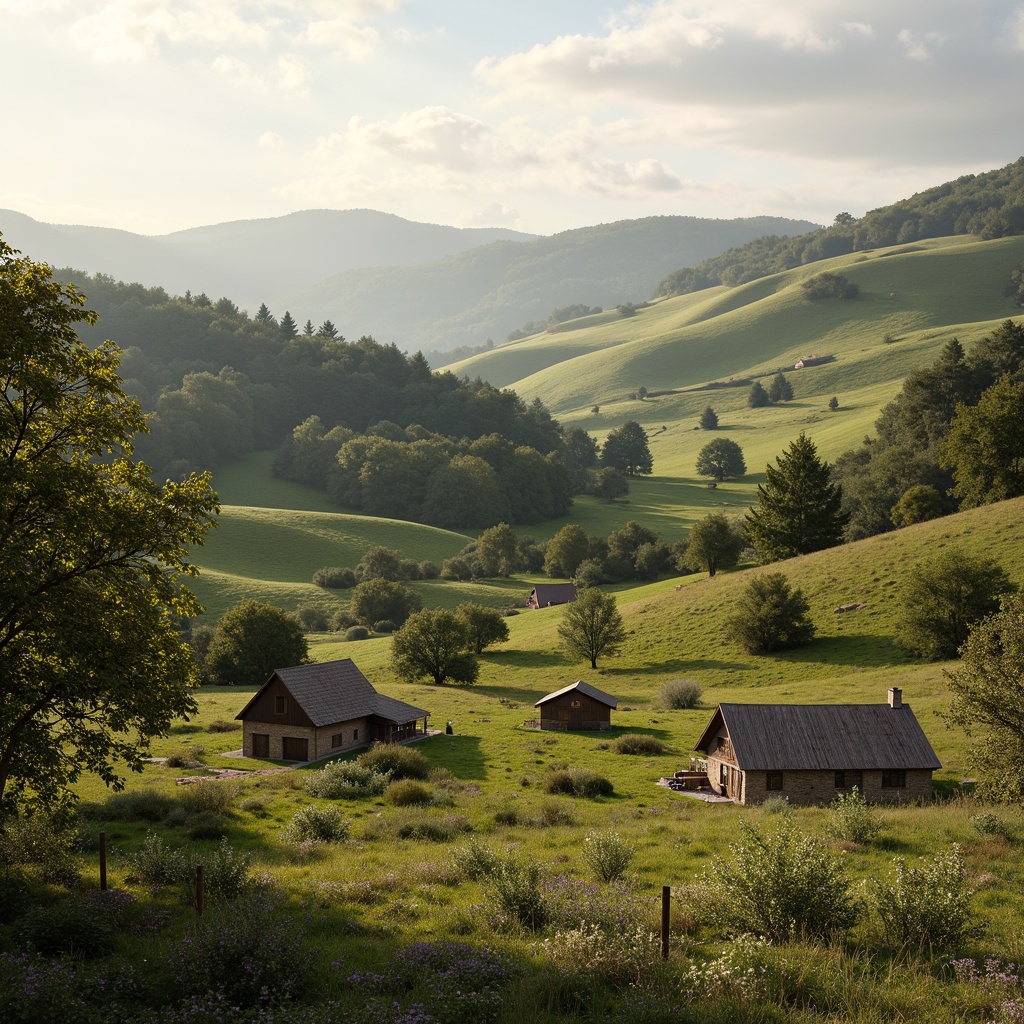 Prompt: Rustic countryside landscape, rolling hills, verdant pastures, wooden fences, traditional farmhouses, earthy tones, natural materials, weathered wood, stone walls, moss-covered roofs, soft warm lighting, gentle mist, serene atmosphere, 2/3 composition, realistic textures, subtle color grading, harmonious color palette, muted greens, creamy whites, weathered browns, sky blues, warm beiges, natural fabrics, woven baskets, vintage farm tools, blooming wildflowers.