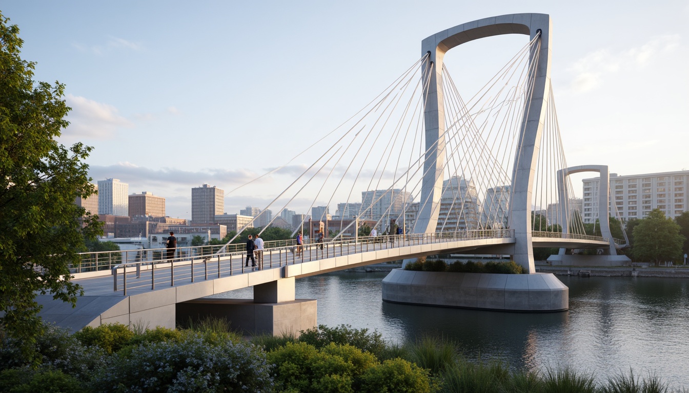 Prompt: Futuristic suspension bridge, sleek metal arches, LED lighting system, solar-powered energy harvesting, wind turbines, kinetic architecture, modern urban landscape, city skyline, misty morning atmosphere, shallow depth of field, 1/2 composition, symmetrical reflection, realistic metallic textures, ambient occlusion, curved pedestrian walkway, safety railings, vibrant greenery, integrated water management systems, eco-friendly construction materials, innovative drainage solutions.