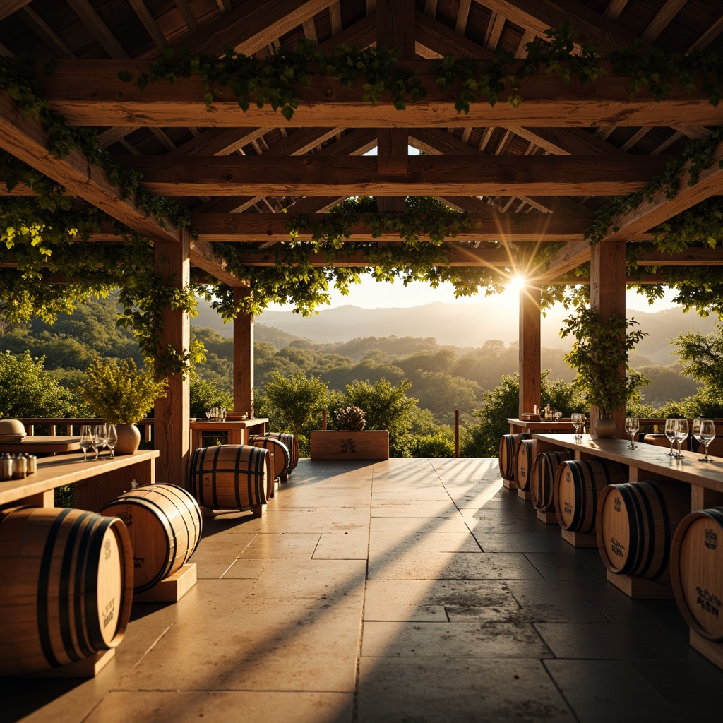 Prompt: Rustic winery, earthy tones, warm beige, rich wood accents, lush vineyards, rolling hills, sunny afternoon, soft natural light, vintage wine barrels, distressed wooden crates, elegant wine glasses, sophisticated label designs, classic typography, warm golden lighting, shallow depth of field, 1/1 composition, realistic textures, ambient occlusion.