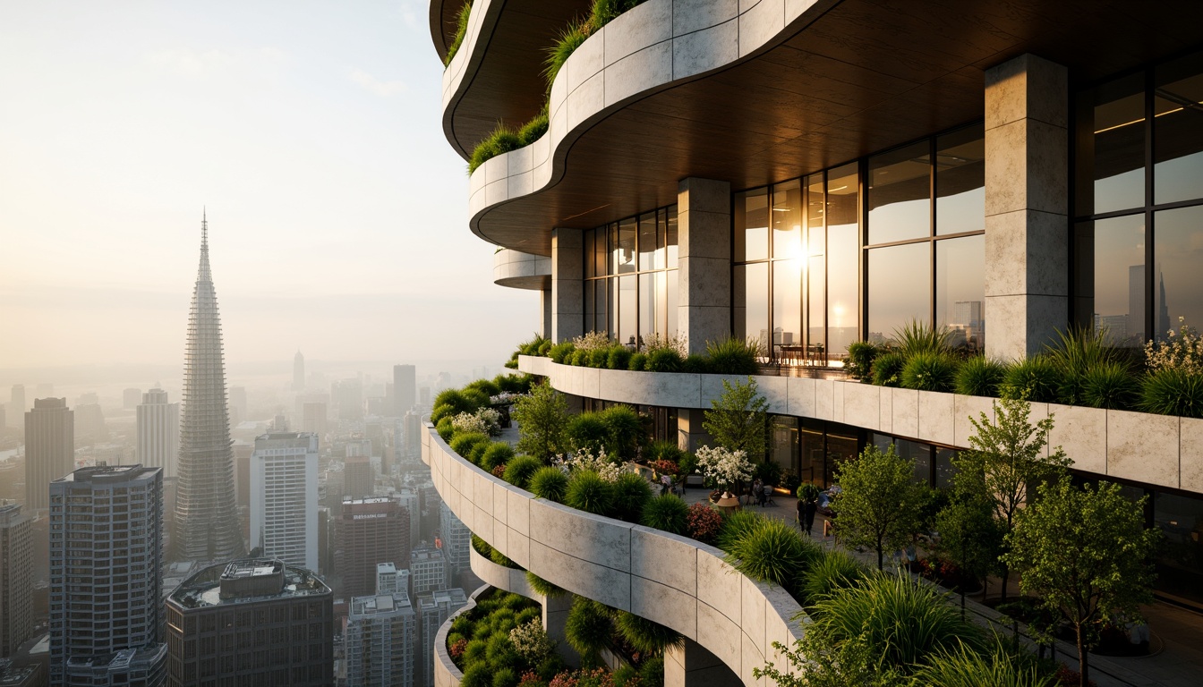 Prompt: Curved skyscraper facade, organic shapes, green walls, living plants, natural stone cladding, wavy lines, futuristic architecture, cantilevered structures, floor-to-ceiling windows, panoramic city views, warm golden lighting, soft misty atmosphere, shallow depth of field, 1/1 composition, symmetrical balance, high-rise buildings, urban jungle, bustling metropolis, modern metropolitan lifestyle, sleek metallic accents, iridescent glass, parametric design, biomimetic patterns, undulating curves.