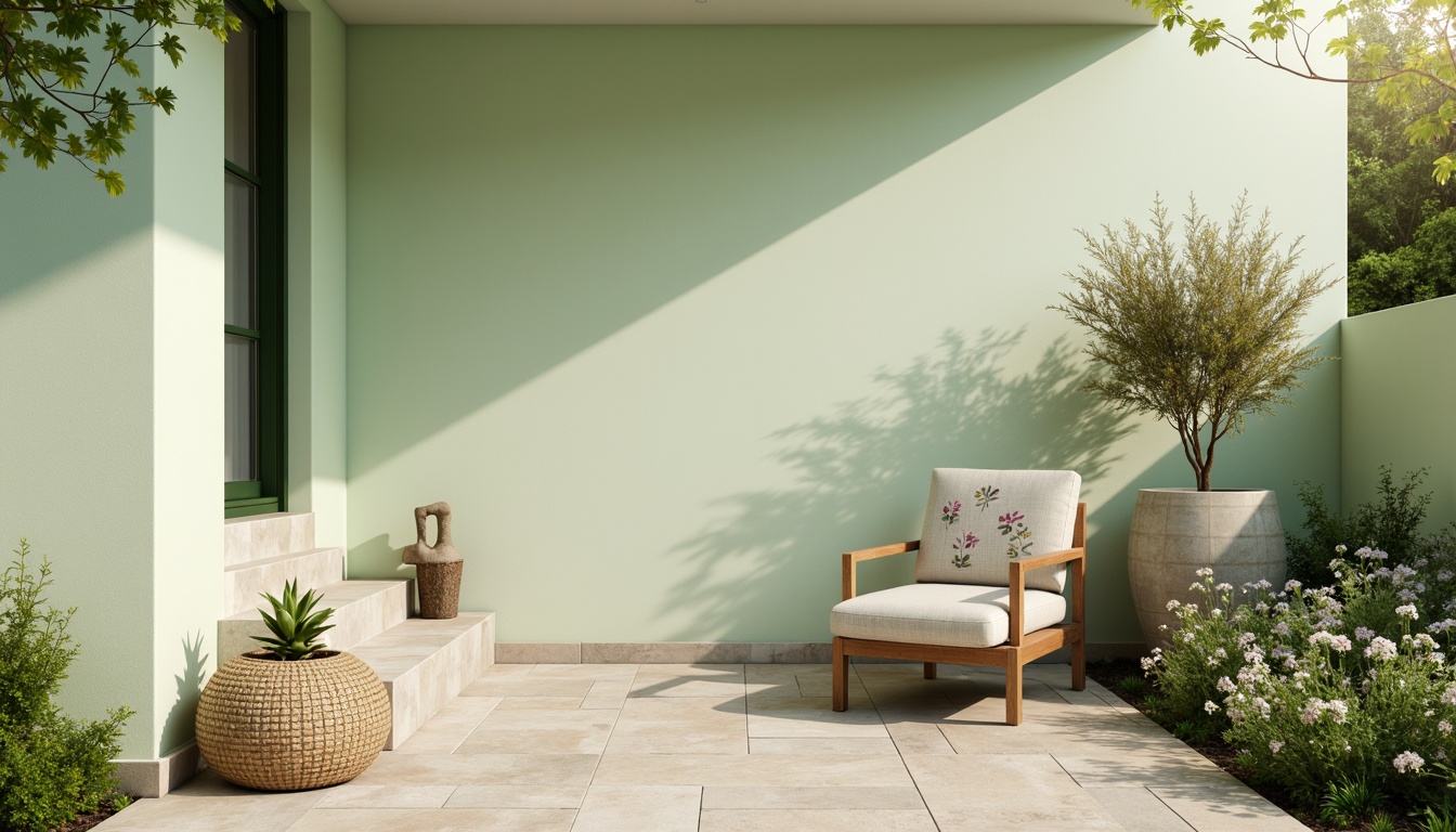 Prompt: Soft pale green walls, natural stone flooring, warm beige furniture, delicate flower patterns, subtle wood accents, calming atmosphere, serene ambient lighting, shallow depth of field, 1/1 composition, realistic textures, soft focus, gentle color transitions, warm sunny day, lush greenery, blooming flowers, peaceful outdoor scenery.