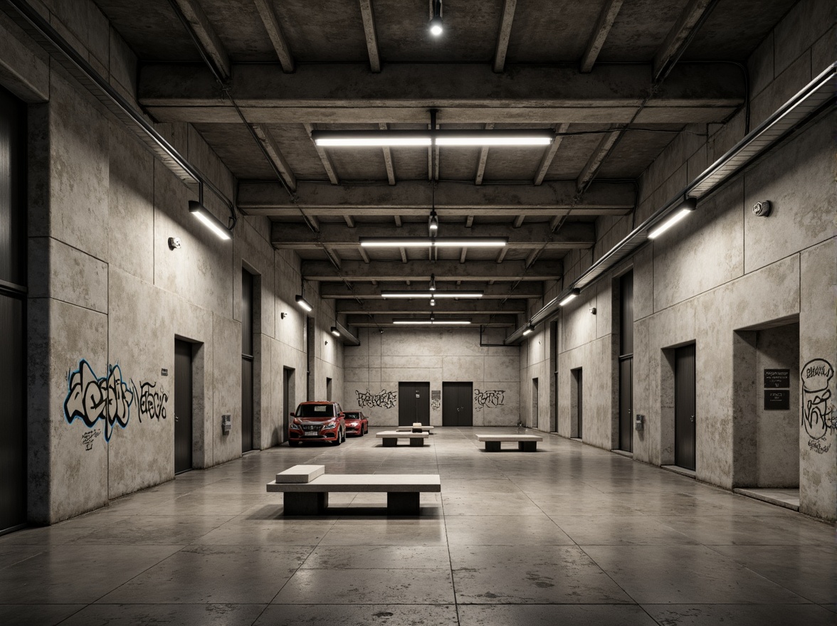 Prompt: Exposed concrete walls, rugged textures, industrial lighting fixtures, steel beams, minimalist benches, urban graffiti, brutalist architectural style, high ceilings, expansive open spaces, natural ventilation systems, rough-hewn stone floors, functional design elements, utilitarian aesthetic, sparse decor, dramatic shadows, low-key color palette, cinematic atmosphere, 1/1 composition, harsh overhead lighting, realistic textures, ambient occlusion.