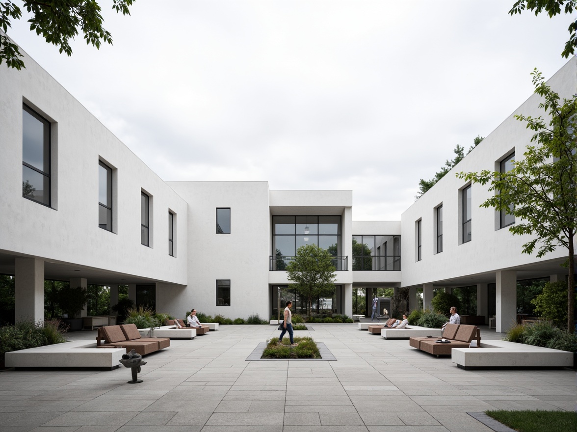 Prompt: Geometric courthouse building, stark white walls, rectangular shapes, flat roofs, minimal ornamentation, industrial metal accents, modernist landscaping, asymmetrical plant arrangements, sparse greenery, concrete walkways, steel benches, abstract sculptures, brutalist architecture, overcast sky, high-contrast lighting, dramatic shadows, 1/1 composition, symmetrical framing, realistic textures, ambient occlusion.Please let me know if this meets your requirements!