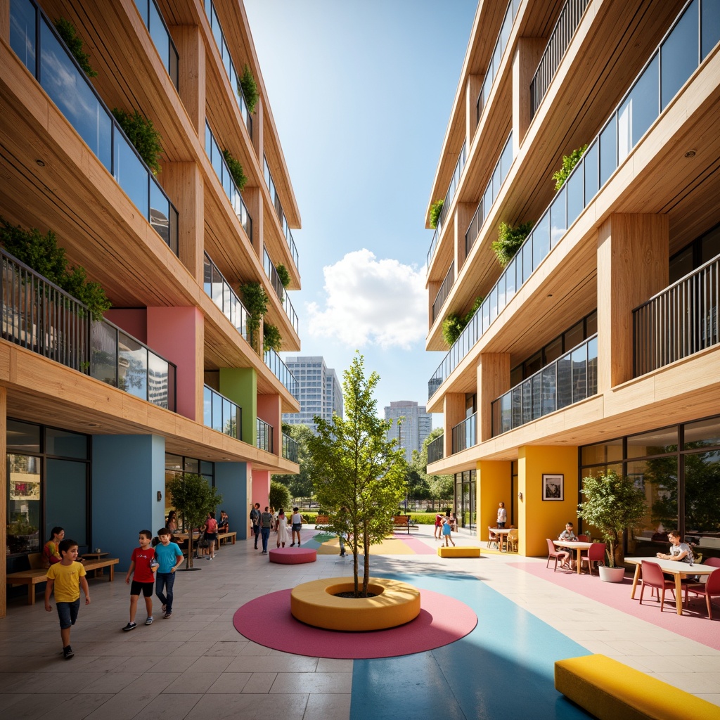 Prompt: Vibrant youth center, symmetrical layout, modern architecture, bright colors, energetic atmosphere, open spaces, natural light, wooden accents, minimalist decor, playful furniture, geometric patterns, dynamic lighting, shallow depth of field, 1/1 composition, wide-angle lens, realistic textures, ambient occlusion, urban setting, cityscape background, sunny day, soft warm lighting.