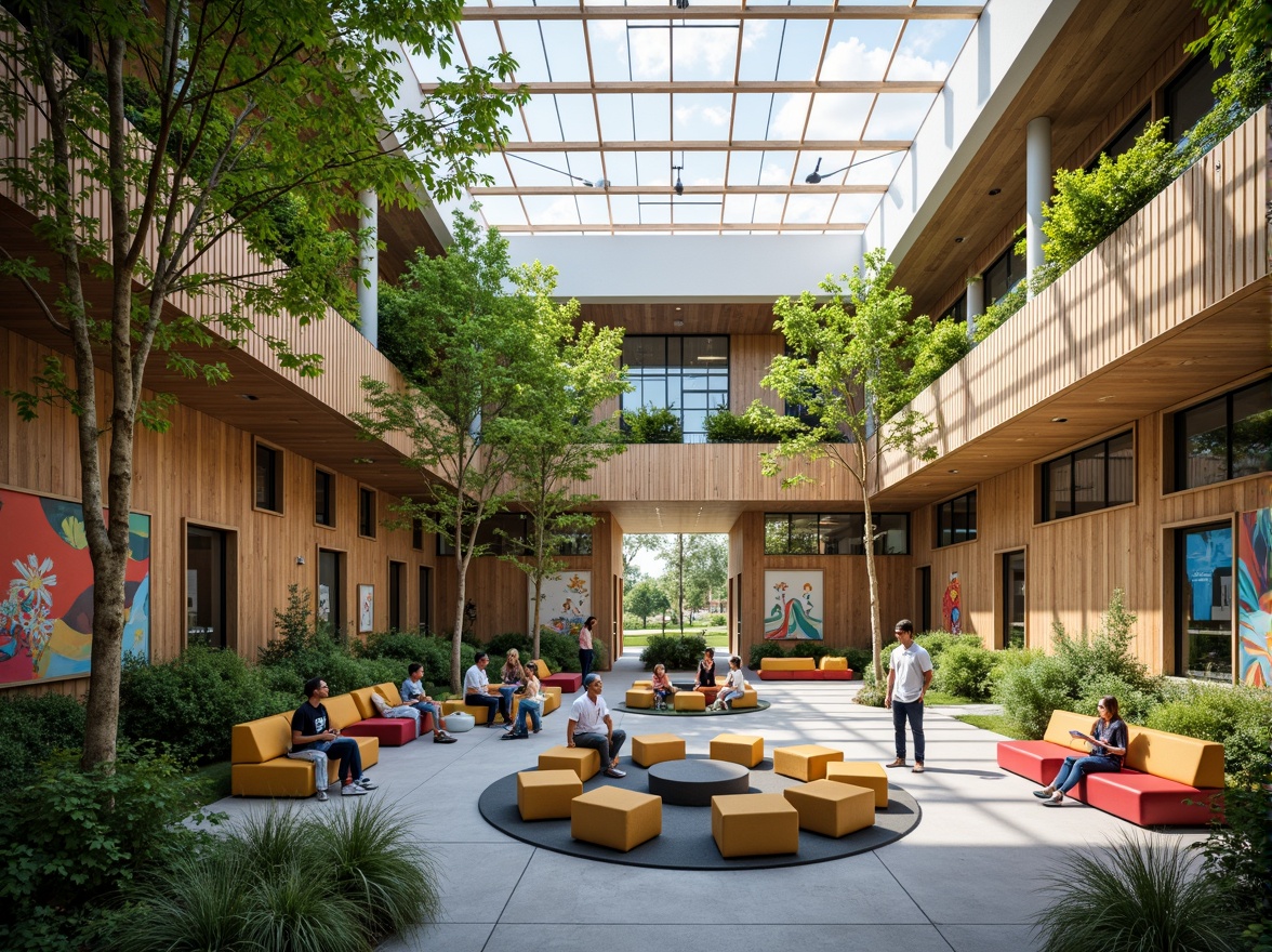 Prompt: Vibrant youth center, open-air courtyard, lush green walls, natural ventilation systems, skylights, clerestory windows, bamboo ceilings, recycled wood accents, colorful murals, flexible seating areas, collaborative workspaces, cozy reading nooks, eco-friendly materials, energy-efficient lighting, soft warm ambiance, shallow depth of field, 1/1 composition, realistic textures, ambient occlusion.