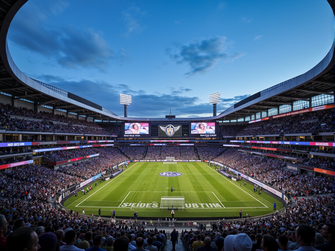 Prompt: Dynamic football stadium, sleek curved lines, metallic exterior cladding, LED lighting systems, transparent glass fa\u00e7ades, cantilevered roof structures, open-air concourses, grandstand seating areas, vibrant team color schemes, modern scoreboard displays, floodlighting systems, evening game atmosphere, shallow depth of field, 1/1 composition, symmetrical architecture, realistic material textures, ambient occlusion.