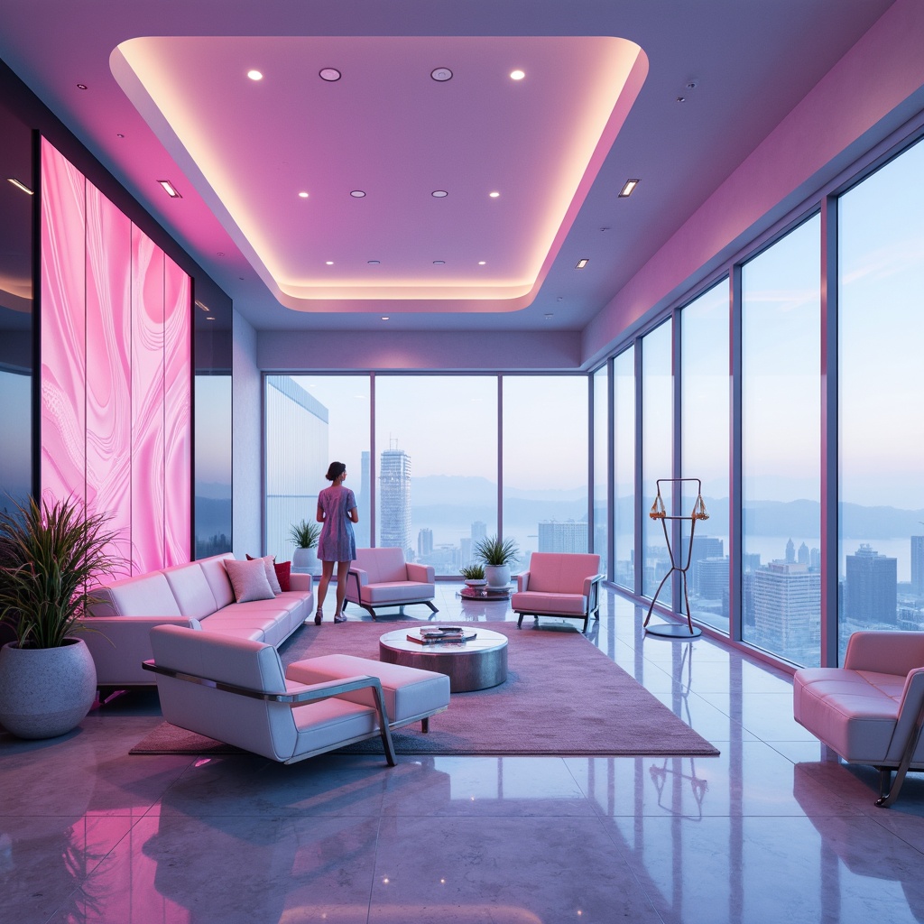 Prompt: Futuristic apartment, neon lights, metallic accents, glass surfaces, sleek lines, minimalist decor, pastel color scheme, soft pink hues, electric blue tones, iridescent whites, chrome finishes, polished marble floors, ambient LED lighting, atmospheric mist, shallow depth of field, 1/1 composition, realistic reflections, advanced smart home systems, space-age-inspired furniture, holographic displays.