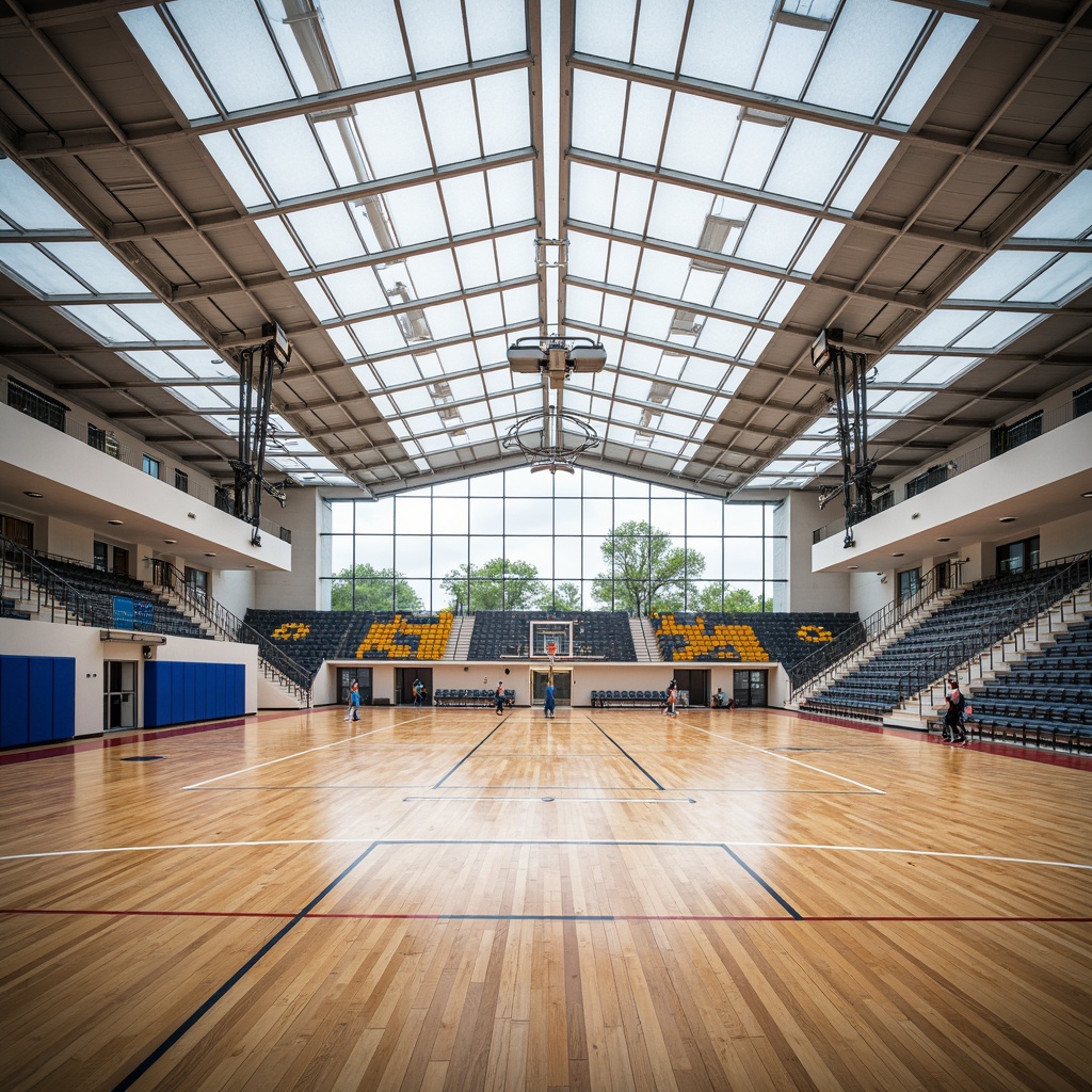 Prompt: Spacious gymnasium interior, translucent roofing materials, natural daylight, diffused soft lighting, polished wooden floors, athletic equipment, basketball hoops, tennis courts, retractable seating, modern minimalist design, sleek metal beams, exposed ductwork, vibrant team colors, dynamic sports atmosphere, shallow depth of field, 1/1 composition, panoramic view, realistic textures, ambient occlusion.