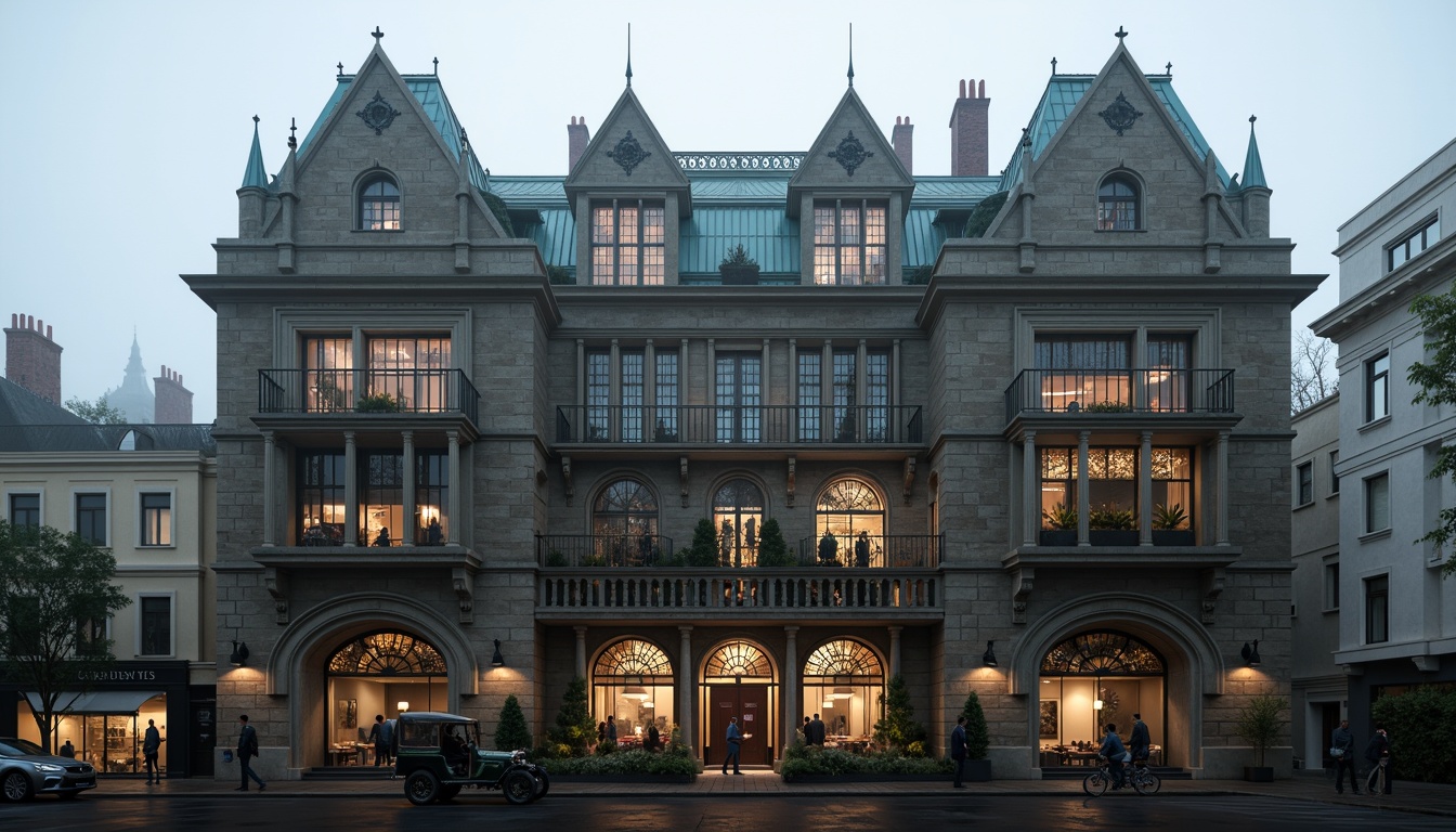 Prompt: Ornate Gothic office building, pointed arches, ribbed vaults, flying buttresses, grand rose windows, stained glass details, intricate stone carvings, ornamental pinnacles, gabled rooflines, asymmetrical fa\u00e7ade composition, richly textured stone walls, weathered copper cladding, dramatic verticality, chiaroscuro lighting, mystical atmosphere, foggy misty day, shallow depth of field, 1/1 composition, realistic materials, ambient occlusion.