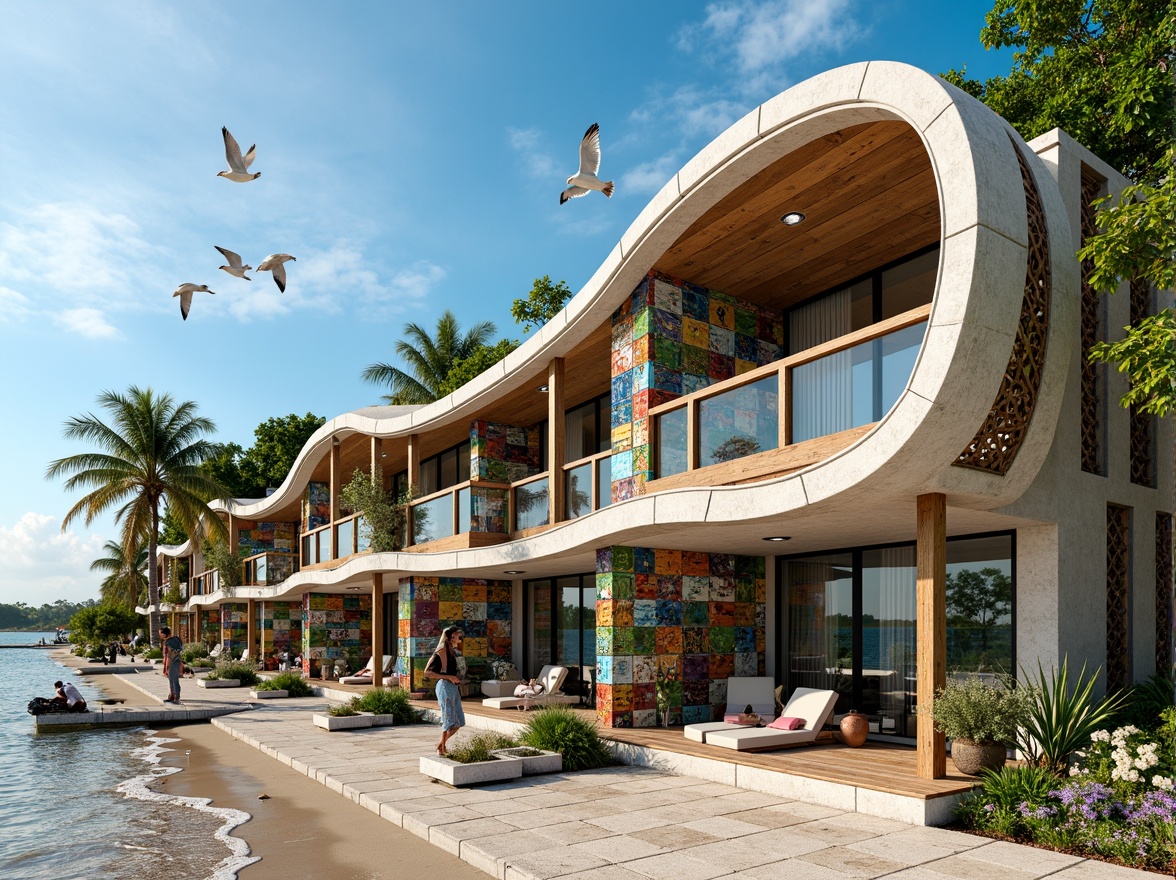 Prompt: Vibrant oceanfront facade, eclectic mix of materials, weathered wood accents, ornate metal decorations, colorful glazed tiles, intricate stonework, curved lines, playful asymmetry, beachy vibes, salty air, seagulls flying overhead, warm sunny day, soft gentle breeze, shallow depth of field, 1/1 composition, panoramic view, realistic textures, ambient occlusion, modern coastal architecture, luxury residences, seaside resort, tropical landscape, palm trees swaying, hibiscus flowers blooming.