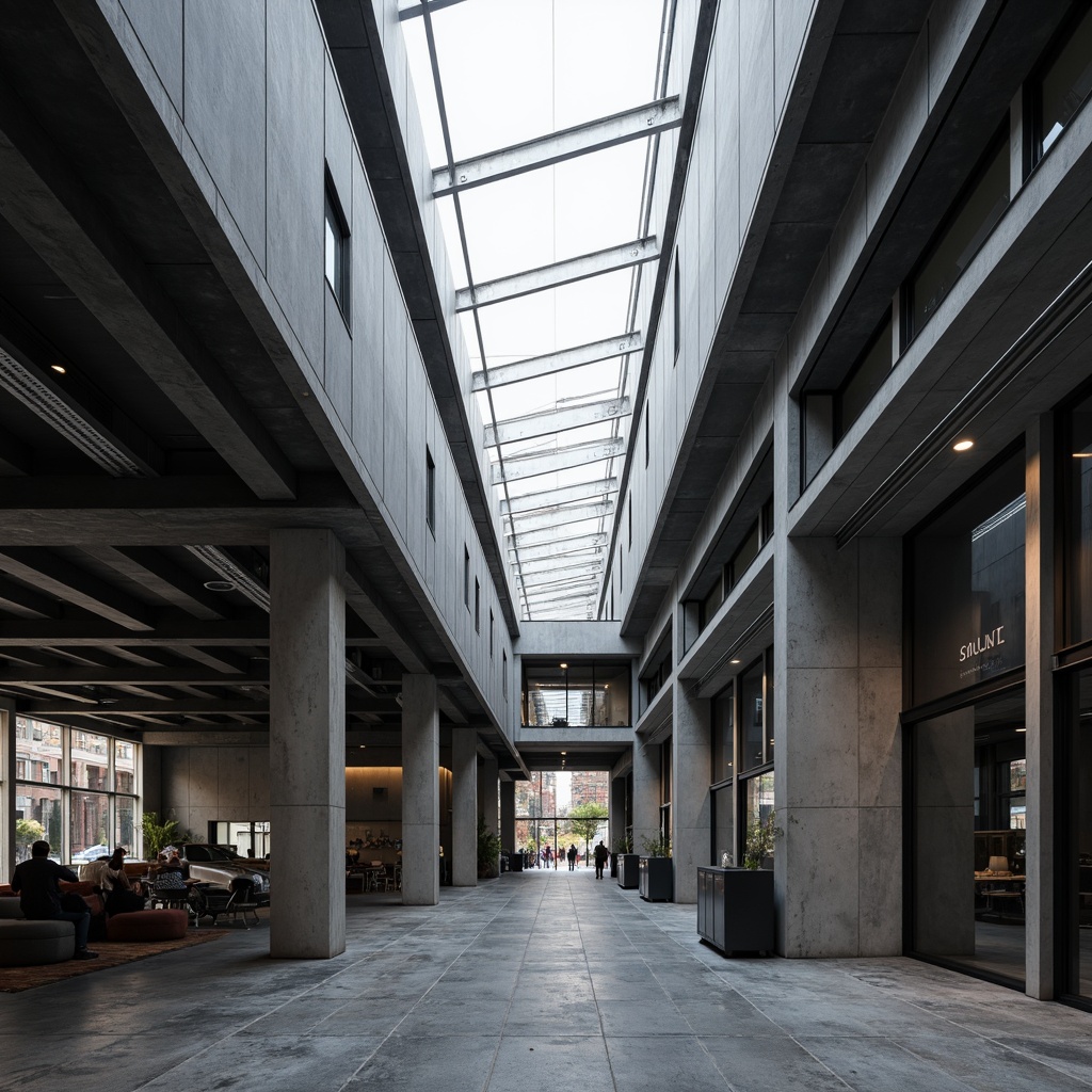 Prompt: Industrial steel frames, exposed ductwork, metallic beams, sleek modern architecture, urban cityscape, gray concrete walls, reinforced columns, cantilevered roofs, minimalist design, functional simplicity, natural light influx, airy open spaces, polished metal surfaces, geometric patterns, brutalist style, monochromatic color scheme, high-contrast lighting, dramatic shadows, 1/1 composition, low-angle shot, realistic textures, ambient occlusion.