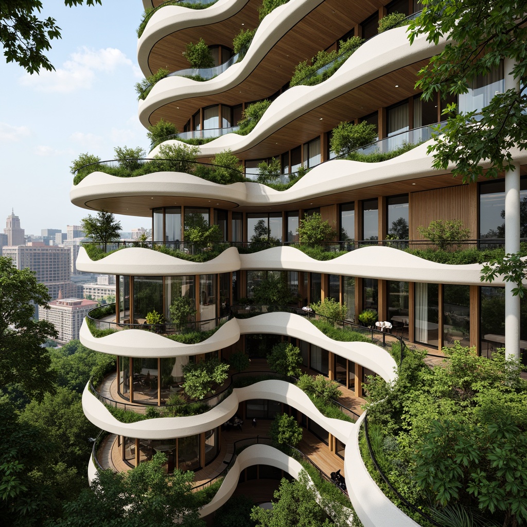 Prompt: Curved skyscraper, organic forms, green roofs, lush vegetation, natural materials, wooden accents, floor-to-ceiling windows, minimal ornamentation, sustainable design, energy-efficient systems, rainwater harvesting, grey water reuse, living walls, breathing buildings, airy atriums, open layouts, flexible workspaces, collaborative environments, abundant natural light, soft diffused lighting, shallow depth of field, 2/3 composition, atmospheric perspective, realistic textures, ambient occlusion.