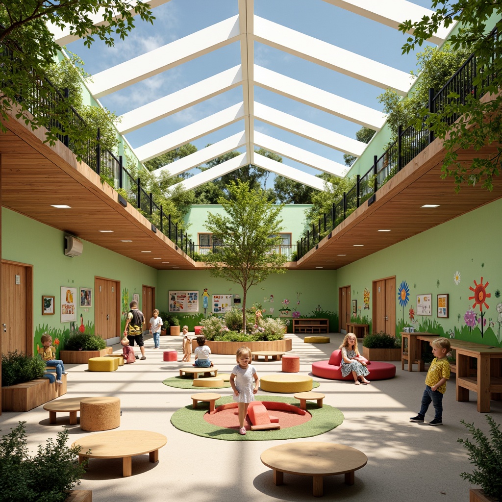 Prompt: Vibrant kindergarten playground, colorful outdoor furniture, soft natural lighting, large skylights, clerestory windows, translucent roofs, airy interior spaces, wooden accents, green walls, living plants, educational murals, interactive displays, children's artwork, cozy reading nooks, rounded corners, safety railings, warm beige floors, circular tables, tiny chairs, gentle shadows, 1/1 composition, shallow depth of field, realistic textures, ambient occlusion.