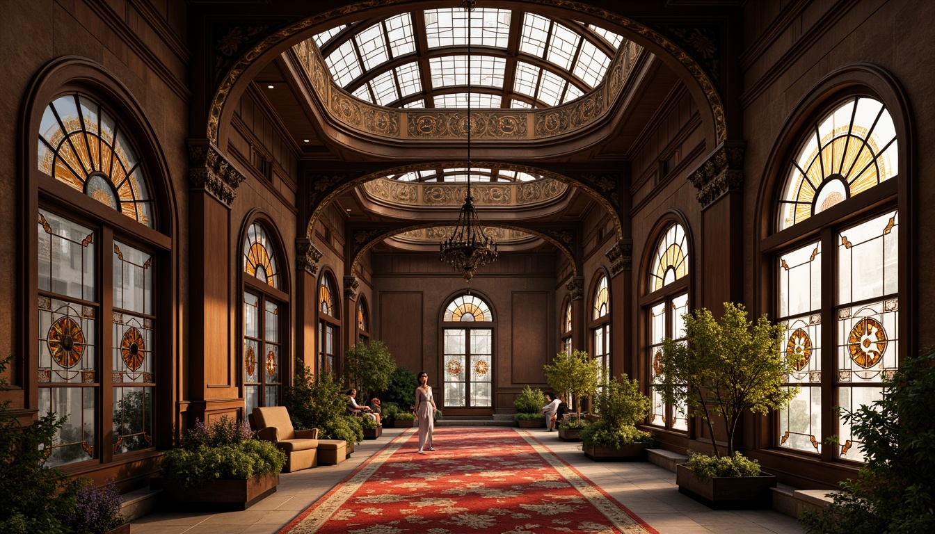 Prompt: Intricate curved lines, ornate metalwork, flowing organic forms, luxurious velvet fabrics, rich wood tones, elegant stained glass windows, sinuous tendrils, whiplash motifs, botanical inspirations, naturalistic patterns, soft warm lighting, shallow depth of field, 3/4 composition, panoramic view, realistic textures, ambient occlusion.