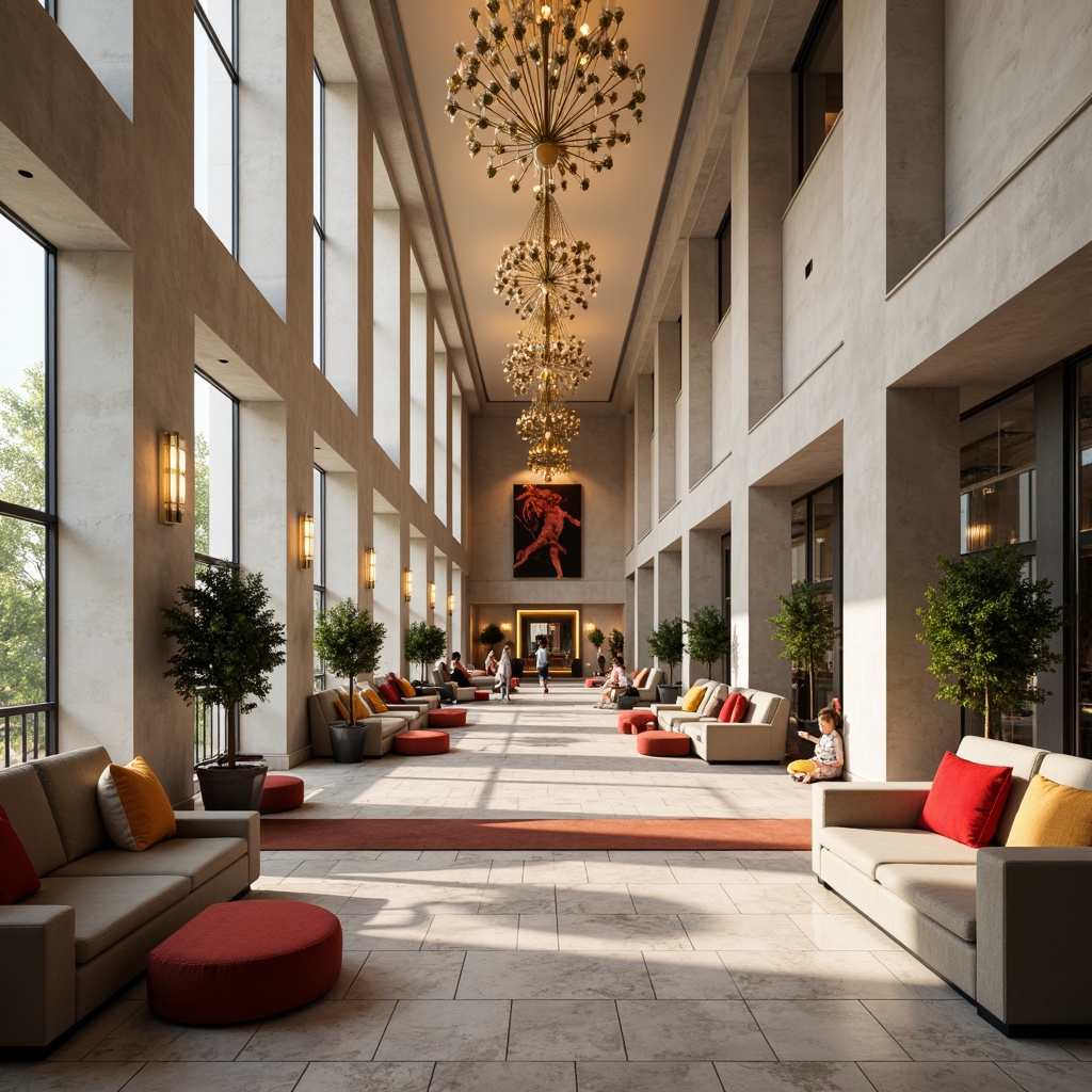 Prompt: Elegant international hotel lobby, high ceilings, marble floors, grand chandeliers, plush sofas, vibrant colorful throw pillows, minimalist decor, sleek modern lines, luxurious ambiance, warm soft lighting, shallow depth of field, 1/1 composition, panoramic view, realistic textures, ambient occlusion.