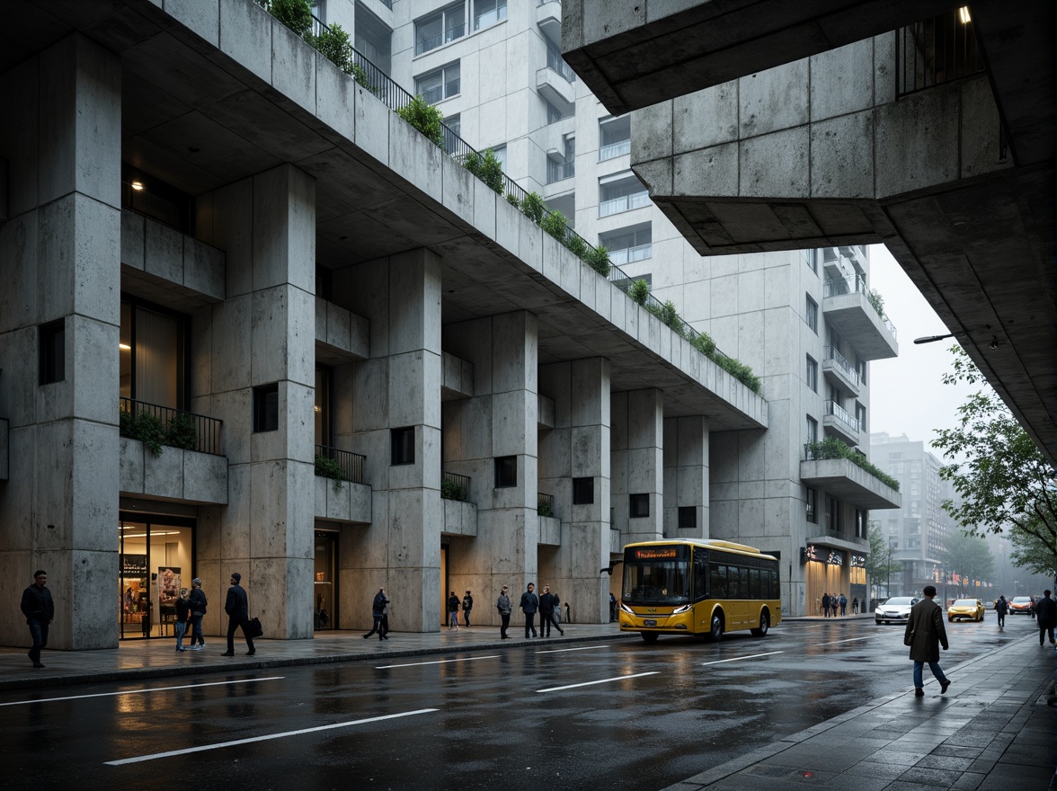 Prompt: Rugged bus station, exposed concrete walls, brutalist architecture, angular lines, fortress-like structure, industrial materials, steel beams, raw textures, urban landscape, busy streets, rainy day, misty atmosphere, dramatic lighting, high contrast, deep shadows, abstract compositions, monochromatic color scheme, graphic patterns, geometric shapes, functional design, utilitarian aesthetic, minimalist decor.