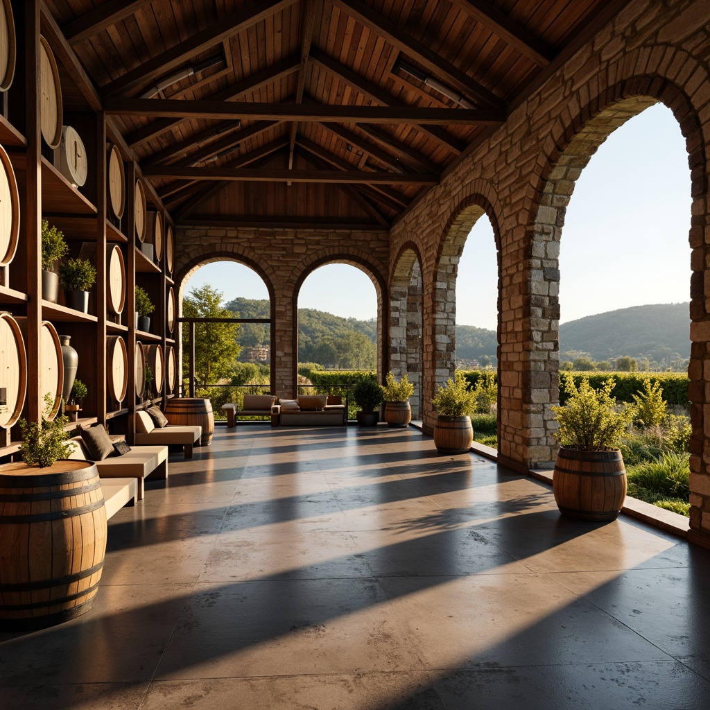 Prompt: Rustic winery, wooden barrel storage, stone walls, arched windows, vaulted ceilings, industrial metal beams, modern minimalist decor, wine tasting areas, oak aging rooms, fermentation tanks, stainless steel equipment, grapevine trellises, rolling hills, sun-kissed vineyards, warm afternoon lighting, soft focus, 1/2 composition, natural textures, ambient atmosphere.