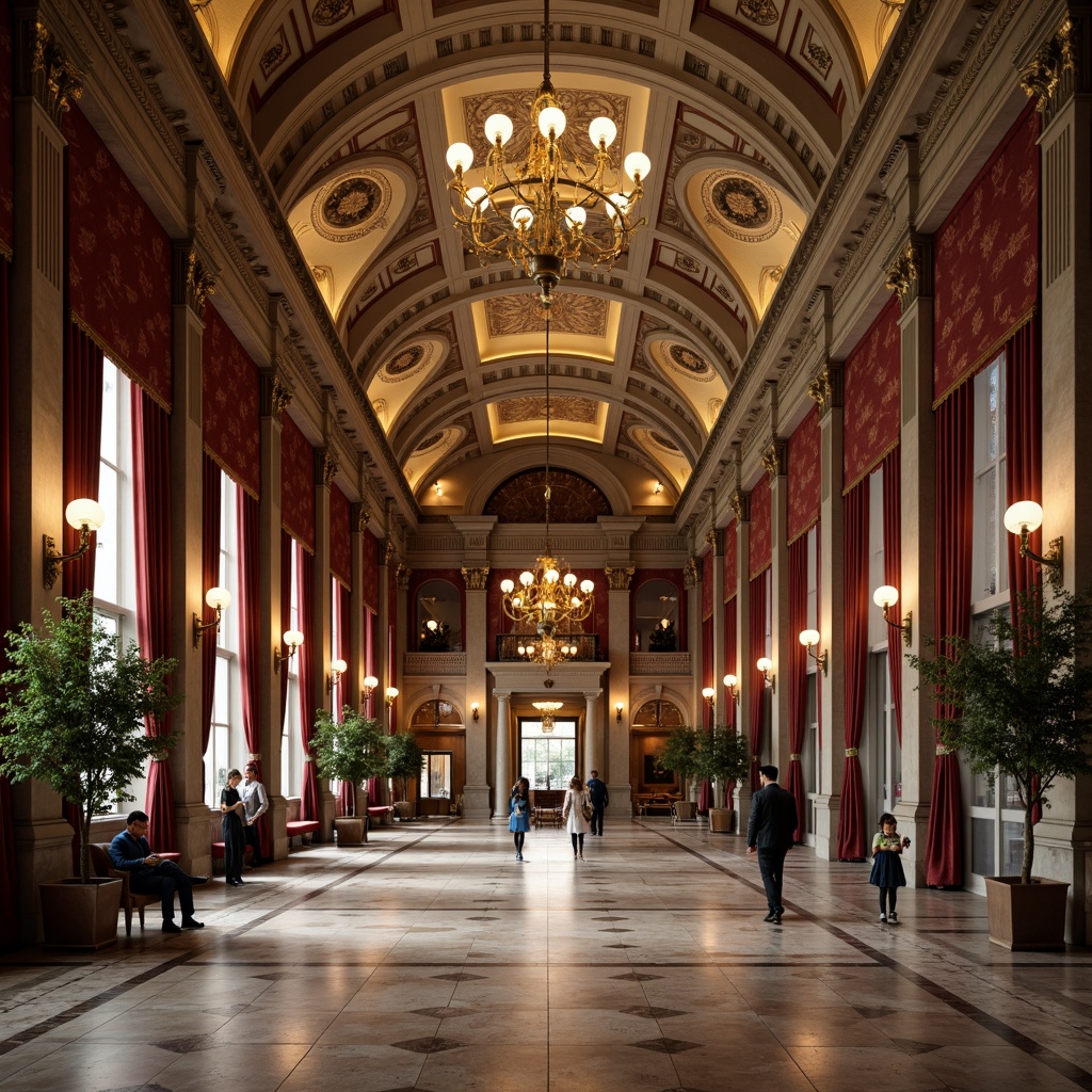 Prompt: Grandiose banking hall, majestic columns, ornate capitals, polished marble floors, intricately carved wooden panels, vaulted ceilings, stately chandeliers, luxurious velvet drapes, richly ornamented furnishings, imposing stone facades, symmetrical composition, classical proportions, subtle warm lighting, shallow depth of field, 2/3 composition, realistic textures, ambient occlusion.