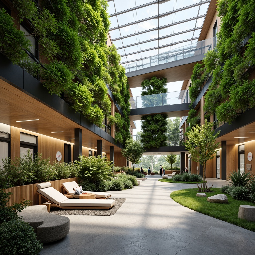 Prompt: Futuristic hospital interior, lush green walls, living trees, natural stone floors, wooden accents, organic shapes, curved lines, minimalist decor, floor-to-ceiling windows, abundance of natural light, calming ambiance, soft warm lighting, shallow depth of field, 3/4 composition, realistic textures, ambient occlusion, hydroponic gardens, vertical farming systems, healing gardens, meditation areas, water features, natural ventilation systems, energy-efficient solutions, sustainable materials, futuristic medical equipment, robotic assistants, virtual reality therapy spaces, calming color palette, soothing soundscape, futuristic architecture, angular lines, sleek metal surfaces, reflective glass walls.