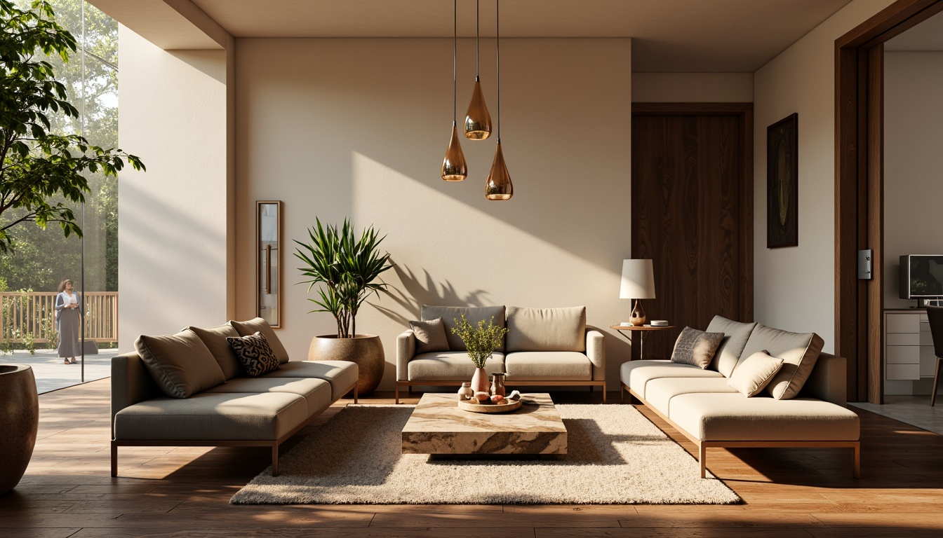 Prompt: Monochromatic interior design, soft warm beige walls, rich walnut wood flooring, comfortable velvet sofas, sleek metallic accents, natural stone coffee tables, lush greenery, delicate glass chandeliers, warm golden lighting, shallow depth of field, 1/1 composition, realistic textures, ambient occlusion.