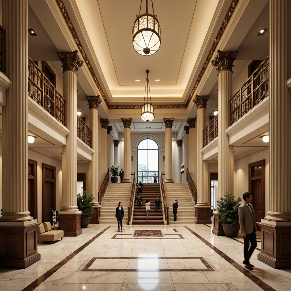 Prompt: Grandiose office building, imposing columns, ornate capitals, carved marble, intricate moldings, symmetrical facade, classical proportions, rusticated bases, ionic pilasters, polished granite floors, lavish chandeliers, stately staircases, elegant arched windows, subtle cornice details, warm beige color scheme, soft diffused lighting, shallow depth of field, 2/3 composition, harmonious balance, ornate metalwork, refined textures, ambient occlusion.