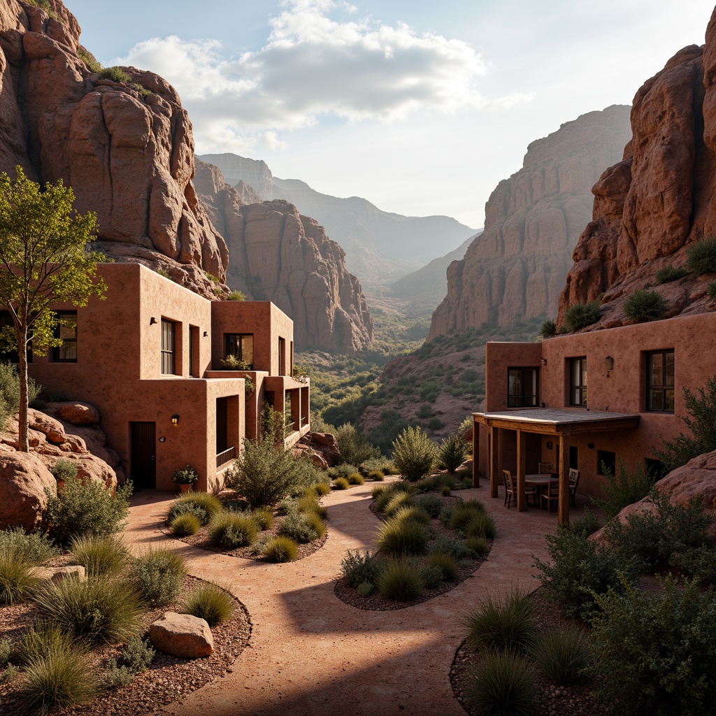 Prompt: Canyon landscape, rugged rock formations, winding trails, desert vegetation, adobe-style buildings, earthy tones, natural stone walls, wooden accents, cantilevered structures, panoramic views, dramatic lighting, high contrast, atmospheric perspective, cinematic composition, 1/2 camera angle, warm color palette, rustic textures, ambient occlusion.