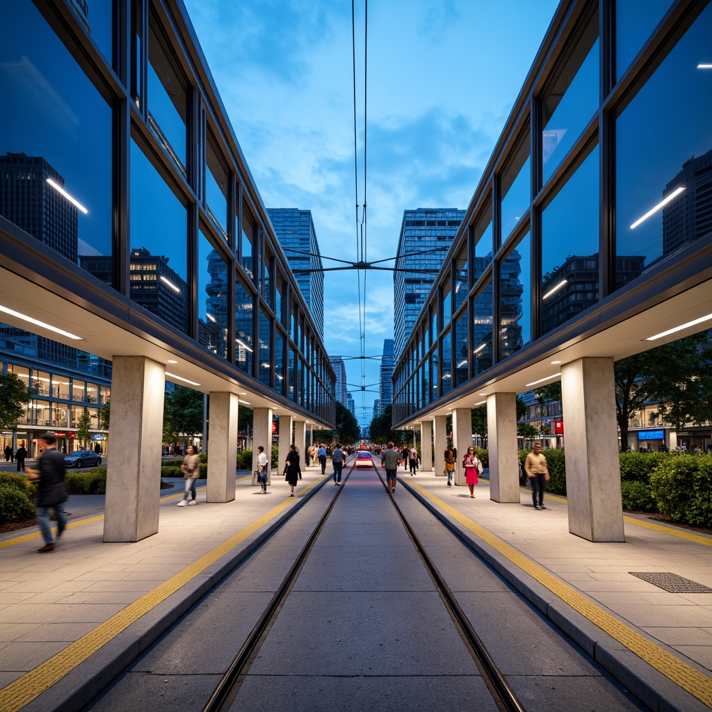 Prompt: Modern tram station, sleek metal pillars, glass roofs, bright LED lighting, futuristic design, bold color scheme, vibrant blue accents, neutral beige walls, polished concrete floors, industrial-chic atmosphere, urban landscape, city views, busy pedestrian traffic, rush hour activity, dynamic angular lines, geometric patterns, metallic sheen, reflective surfaces, shallow depth of field, 3/4 composition, realistic textures, ambient occlusion.