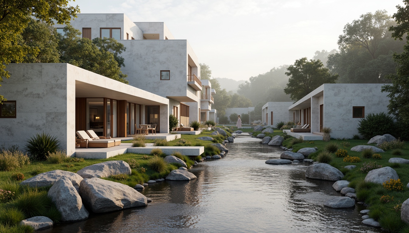 Prompt: Sleek limestone riverbank buildings, minimalist architecture, simple clean lines, neutral color palette, natural stone walls, large windows, sliding glass doors, sparse greenery, native plants, river rock formations, gentle water flow, serene atmosphere, soft warm lighting, shallow depth of field, 1/1 composition, realistic textures, ambient occlusion, subtle shading, misty morning, peaceful ambiance.