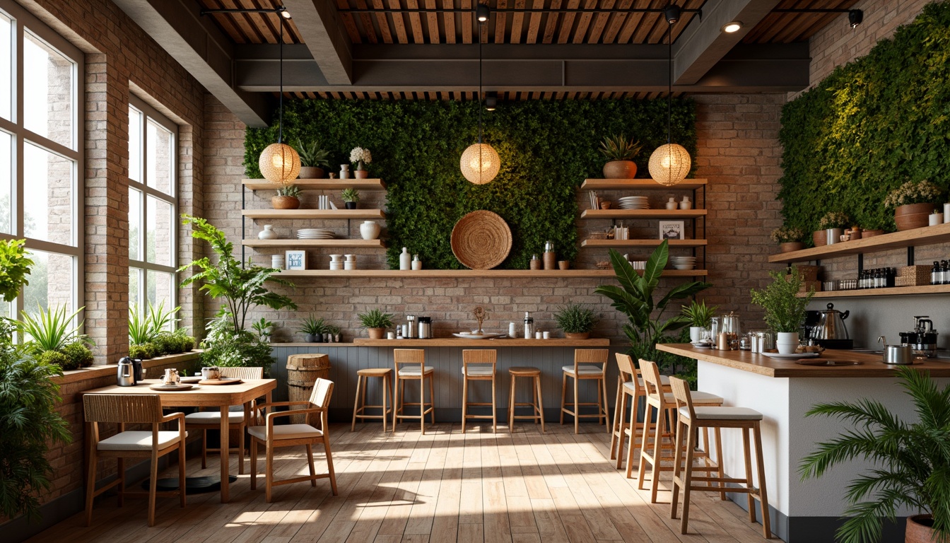 Prompt: Cozy coffee shop, reclaimed wood accents, natural stone walls, earthy tone color scheme, woven bamboo furniture, rattan lighting fixtures, living green walls, potted plants, wooden flooring, minimalist decor, industrial chic vibe, exposed brick ceilings, metal beams, warm soft lighting, inviting atmosphere, 1/2 composition, shallow depth of field, realistic textures.