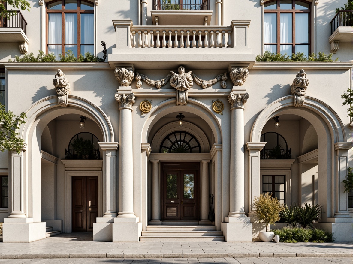 Prompt: Grandiose building facade, ornate stone carvings, symmetrical columns, intricately designed arches, grand entranceways, decorative cornices, classical statues, lavish balconies, richly textured stucco, subtle color palette, creamy whites, soft grays, muted gold accents, natural light diffusion, dramatic shadow play, 1/1 composition, shallow depth of field, realistic material textures, ambient occlusion.