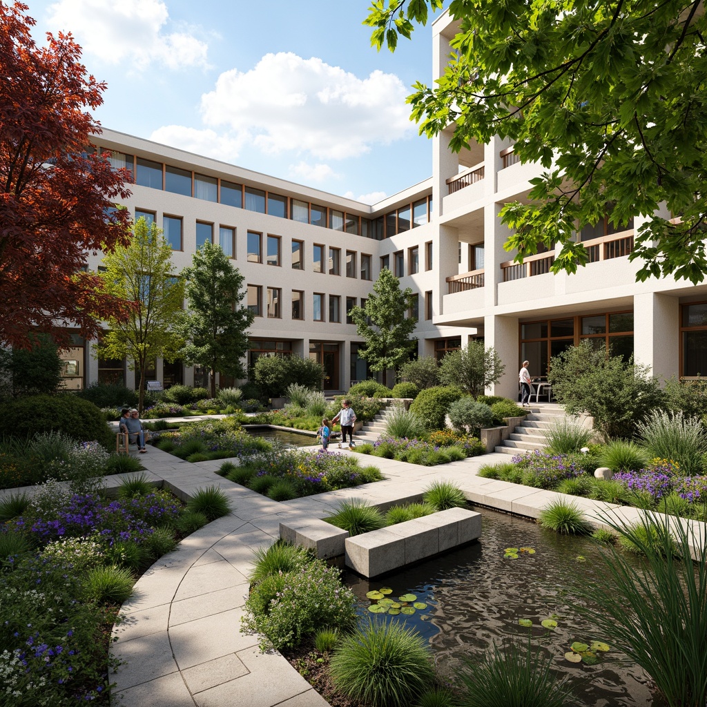 Prompt: Serene hospital courtyard, lush greenery, vibrant flowers, gentle water features, healing gardens, peaceful walking paths, natural stone seating areas, modern hospital architecture, large windows, glass facades, warm wooden accents, calming color schemes, soft diffused lighting, shallow depth of field, 3/4 composition, panoramic view, realistic textures, ambient occlusion.