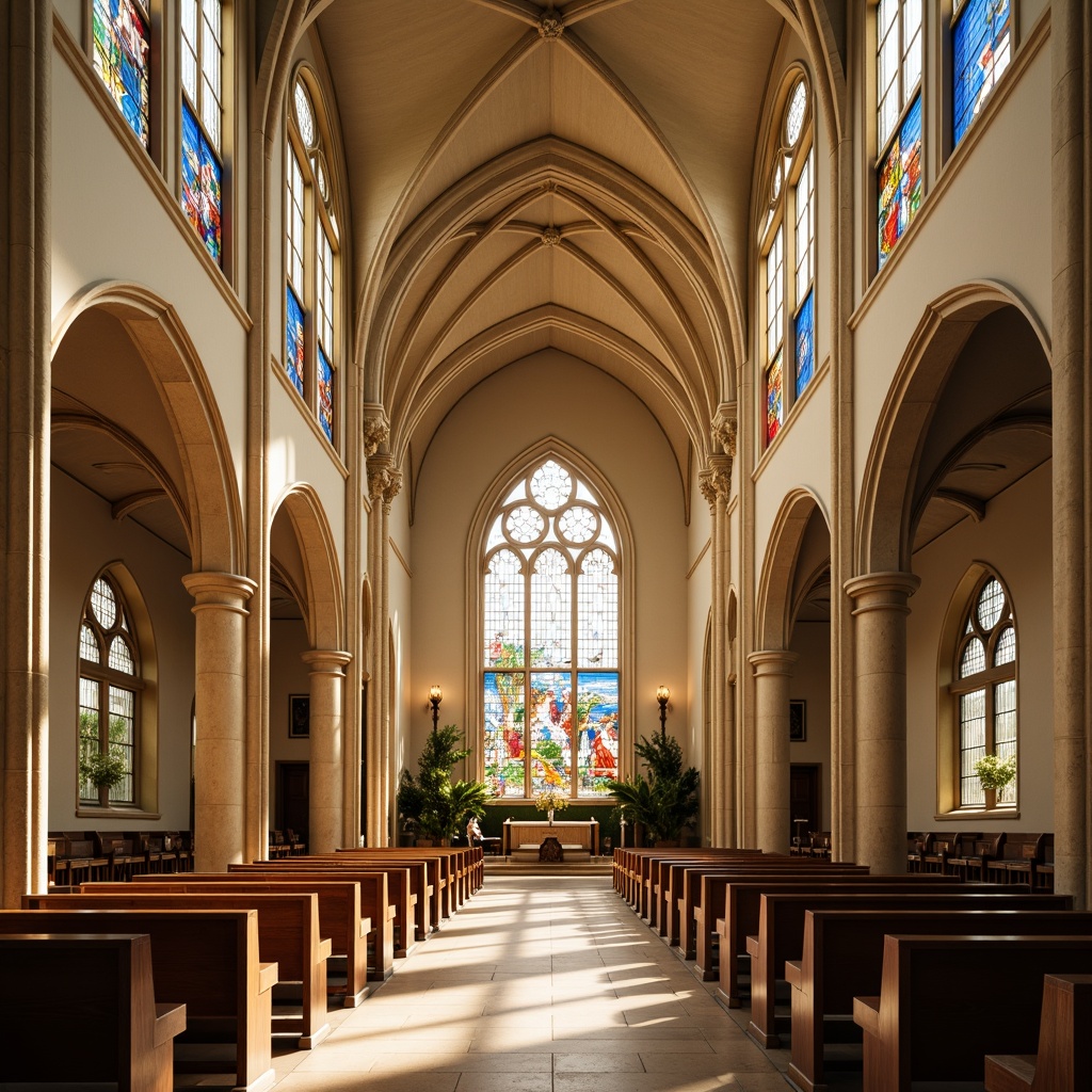 Prompt: Sacred church interior, vaulted ceilings, stunning stained glass windows, warm beige stone walls, elegant wooden pews, soft golden lighting, serene atmosphere, calming color scheme, creamy whites, soothing blues, earthy browns, gentle greens, subtle neutrals, ornate details, intricate patterns, majestic architecture, spiritual ambiance, peaceful surroundings, natural textures, harmonious hues.