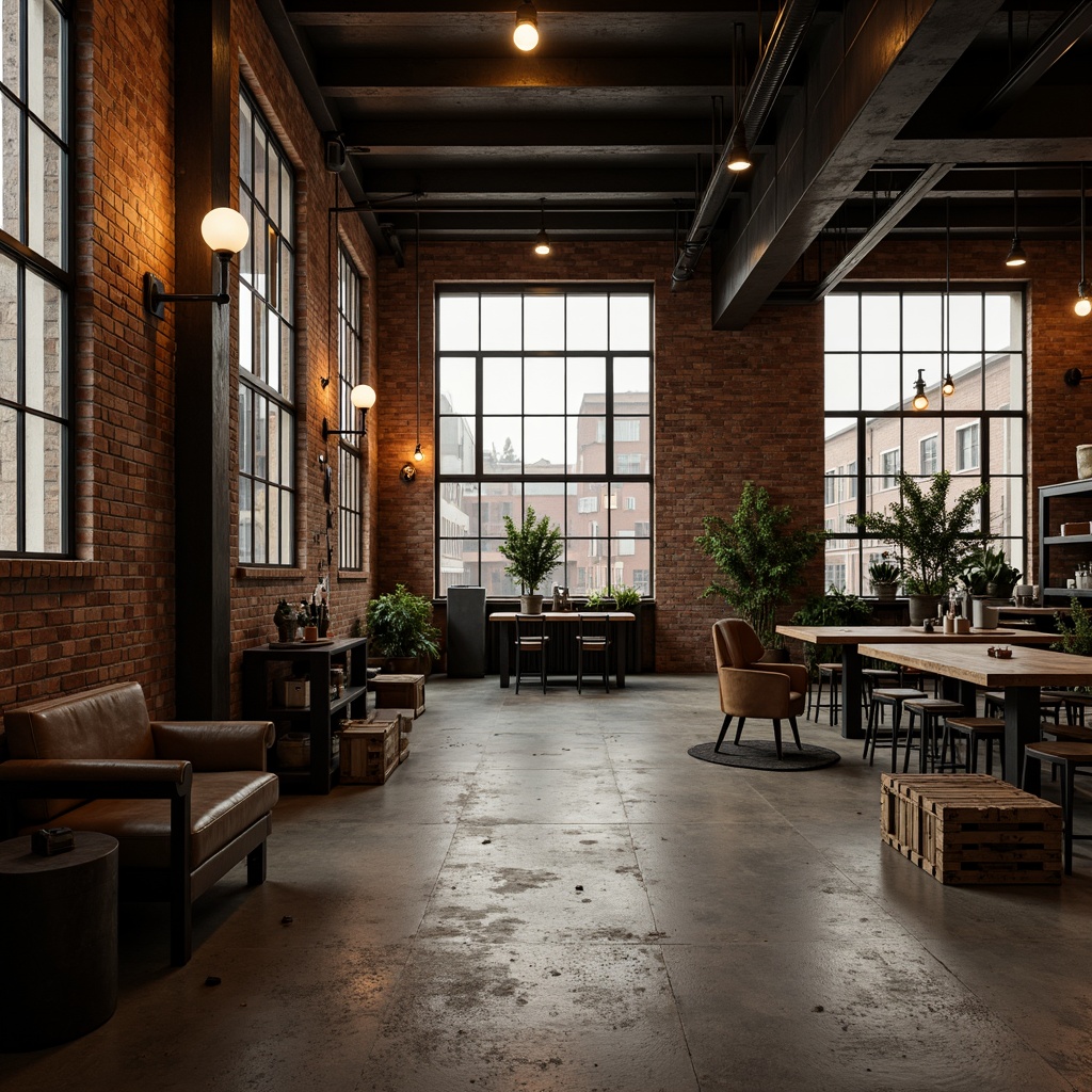 Prompt: Industrial warehouse interior, exposed brick walls, metal beams, concrete floors, reclaimed wood accents, urban loft atmosphere, muted earth tones, distressed finishes, warm neutral colors, industrial chic decor, vintage factory lights, Edison bulbs, metal shelving units, rustic wooden crates, aged leather furniture, matte black metal frames, worn wooden planks, soft natural lighting, cinematic shadows, 2/3 composition, atmospheric perspective, gritty textures, subtle color grading.