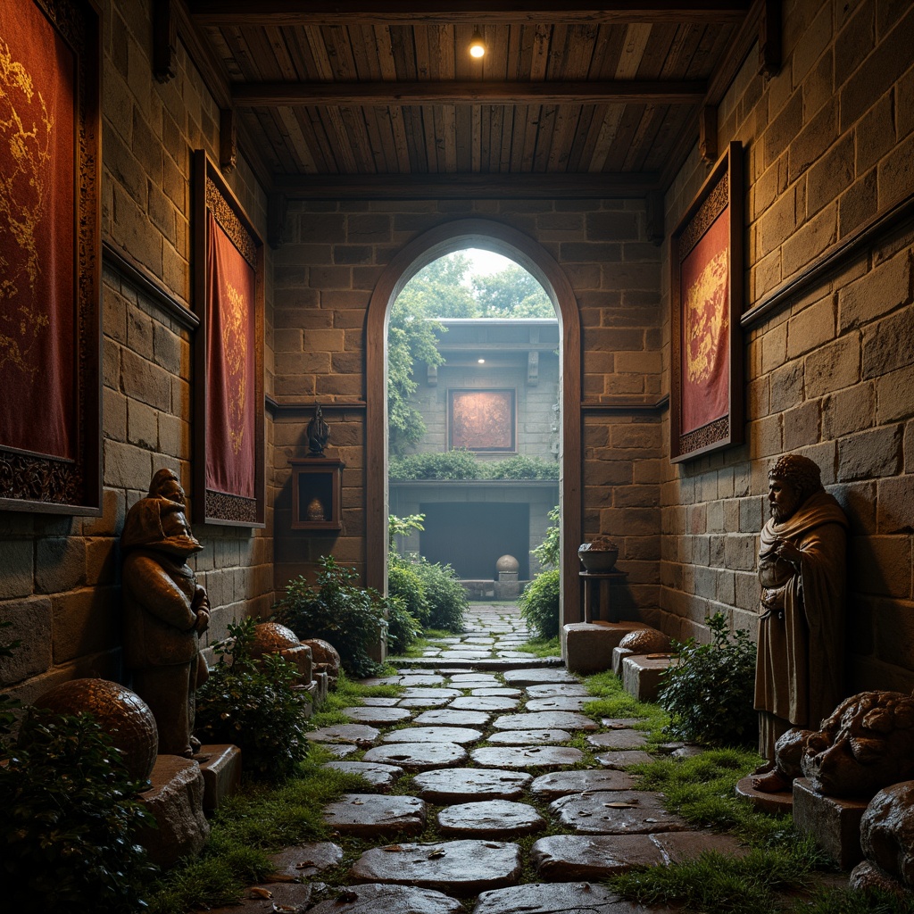 Prompt: Rustic stone walls, worn wooden accents, distressed metal ornaments, intricate carvings, ornate archways, grandiose vaulted ceilings, lavish tapestries, rich velvet fabrics, weathered copper details, moss-covered statues, ancient ruins, mysterious ambiance, soft warm lighting, atmospheric fog, dramatic shadows, 1/1 composition, symmetrical framing, realistic textures, cinematic color grading.