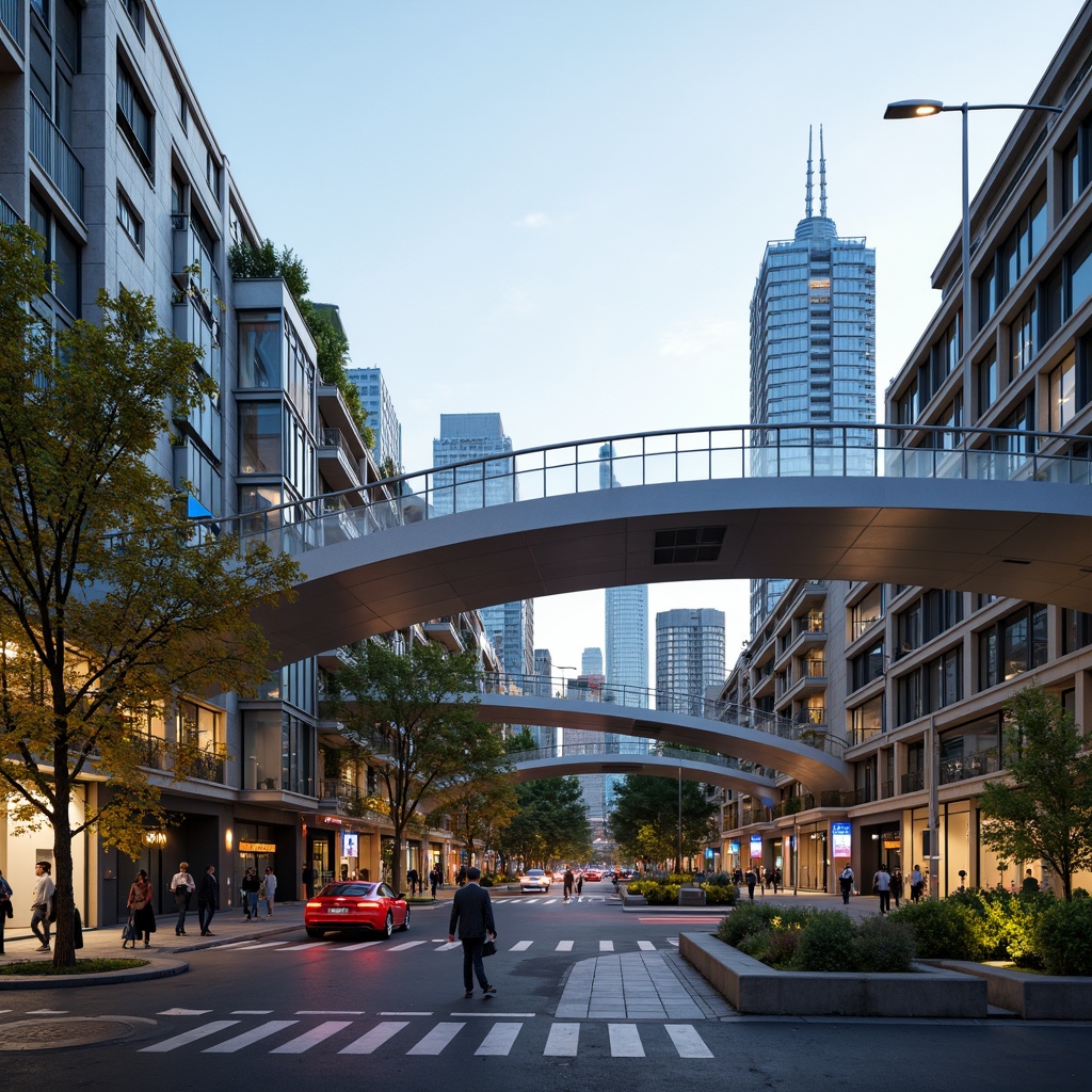 Prompt: Curved pedestrian bridges, sleek steel structures, suspended walkways, urban cityscape, bustling streets, vibrant streetlights, modern skyscrapers, green roofs, blooming flowers, natural stone paving, wooden railings, futuristic design, dynamic shapes, panoramic views, shallow depth of field, 3/4 composition, realistic textures, ambient occlusion.