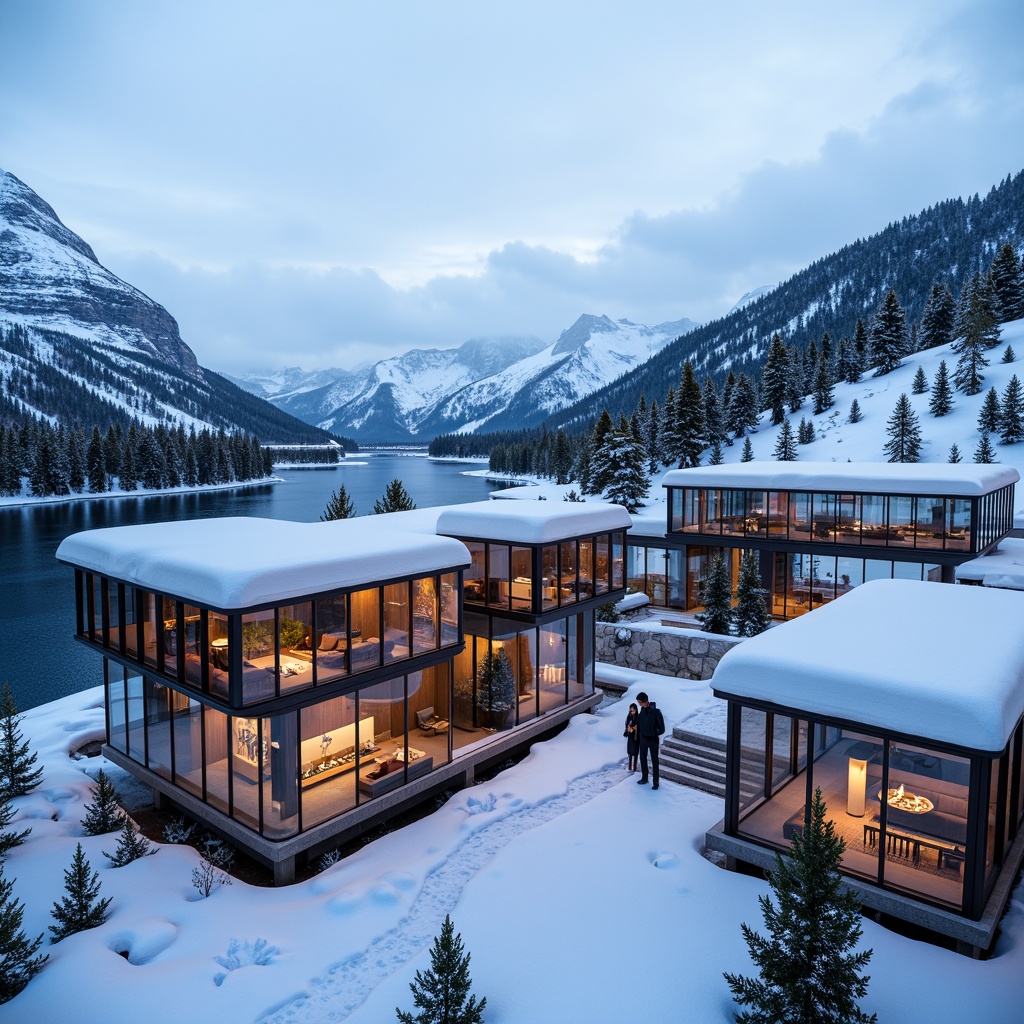 Prompt: Snow-capped mountains, frosty air, modern ski center, sleek glass fa\u00e7ade, minimalist design, cantilevered rooflines, panoramic views, floor-to-ceiling windows, natural light illumination, wooden accents, warm cozy atmosphere, suspended fireplaces, rustic-chic decor, snowy terrain, frozen lakes, pine tree forests, winter sports equipment, vibrant colorful branding, dynamic LED lighting, abstract geometric patterns, transparent glass bridges, elevated walkways, breathtaking vistas, misty mornings, soft powdery snowfall.