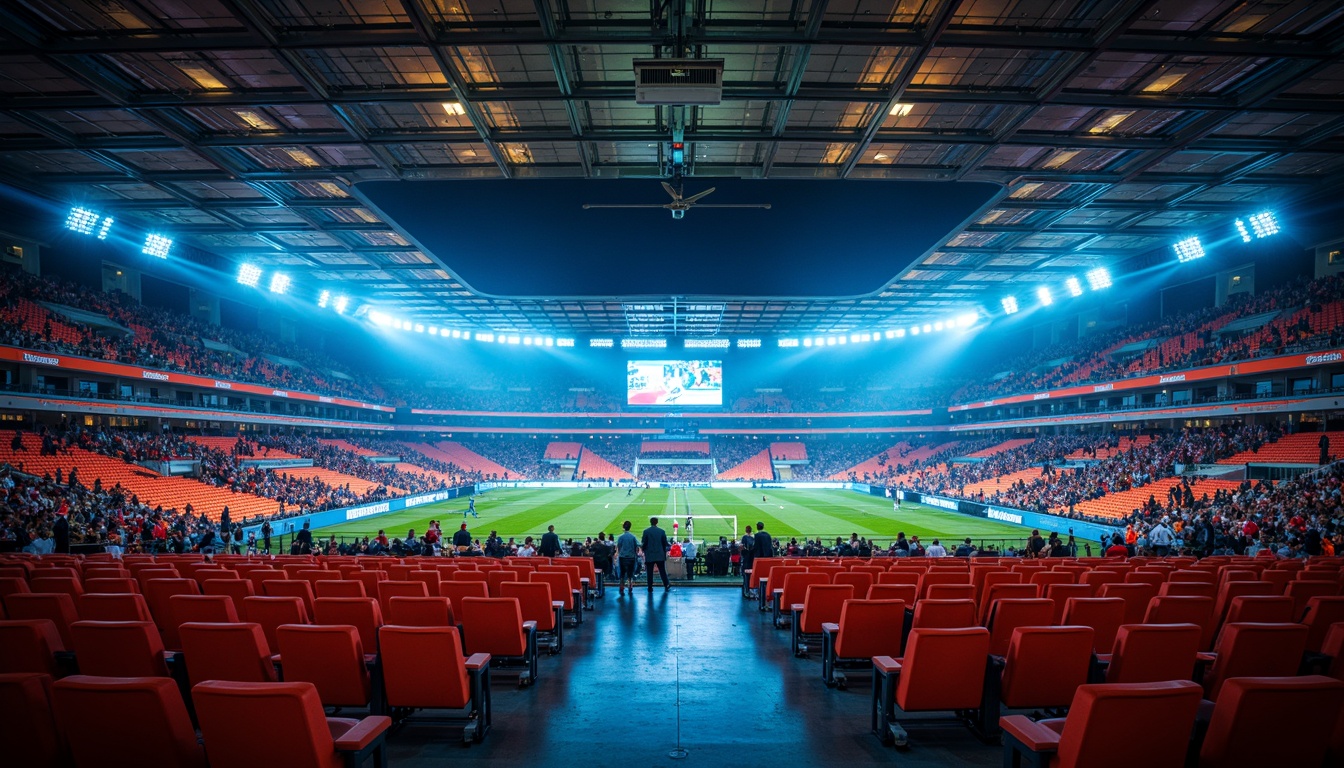 Prompt: Vibrant stadium interior, luxurious seats, soft cushioning, metallic railings, polished concrete floors, sleek modern architecture, grandstand seating areas, bright LED scoreboard displays, atmospheric lighting effects, misty fog machines, energetic crowd atmosphere, dynamic sound systems, shallow depth of field, 1/2 composition, realistic textures, ambient occlusion.