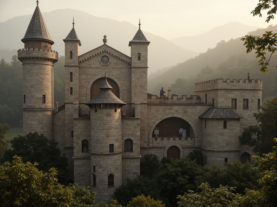 Prompt: Ancient stone castle, robust buttresses, sturdy walls, fortified towers, grand halls, medieval architecture, intricate stonework, rustic doors, ornate windows, weathered battlements, moss-covered roofs, misty morning, soft warm lighting, shallow depth of field, 3/4 composition, panoramic view, realistic textures, ambient occlusion.