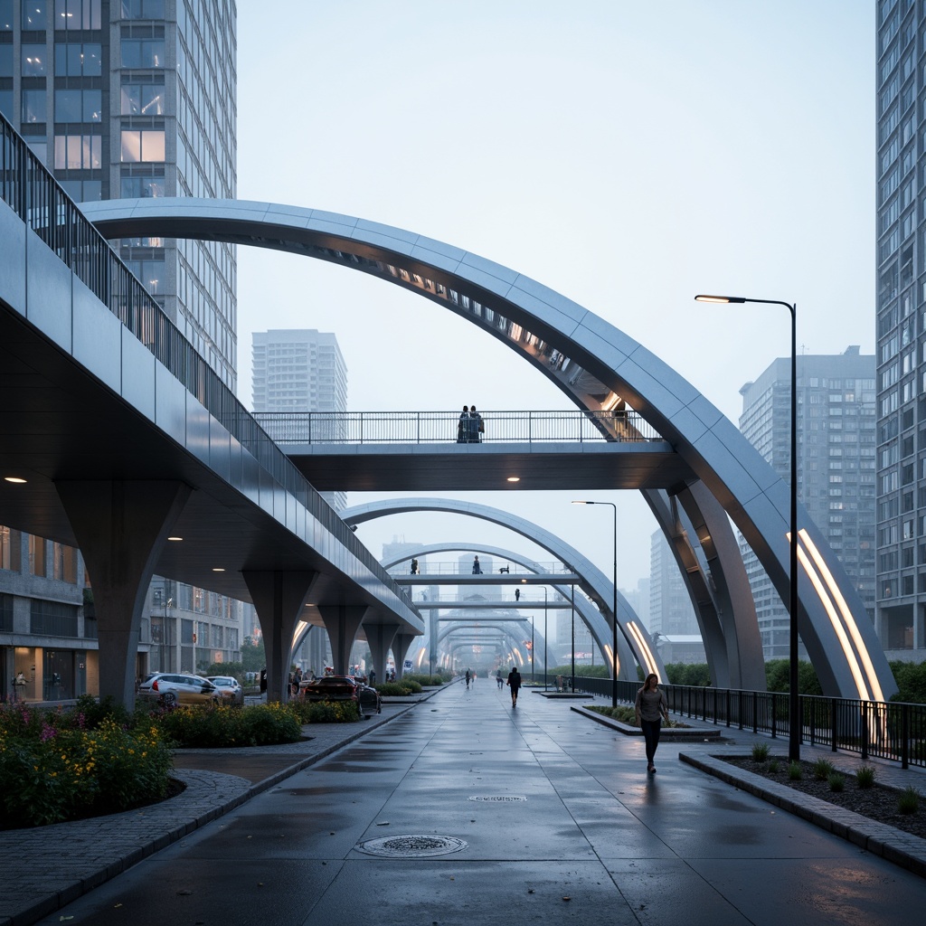 Prompt: Futuristic bridge structure, sleek metal railings, LED lighting strips, dynamic curves, aerodynamic shapes, gleaming silver surfaces, cantilevered walkways, suspended pedestrian paths, futuristic lamp posts, urban cityscape, misty morning atmosphere, shallow depth of field, 3/4 composition, low-angle shot, realistic reflections, ambient occlusion.