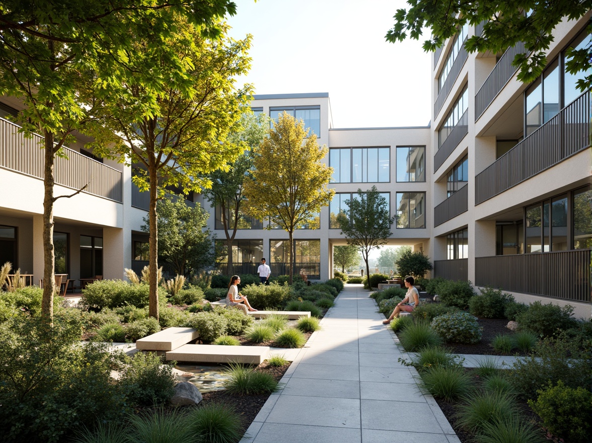 Prompt: Serene hospital courtyard, lush greenery, therapeutic gardens, water features, walking paths, benches, natural stone pavers, modern hospital architecture, large windows, glass facades, rooftop gardens, healing art installations, calming color schemes, soft warm lighting, shallow depth of field, 3/4 composition, panoramic view, realistic textures, ambient occlusion.