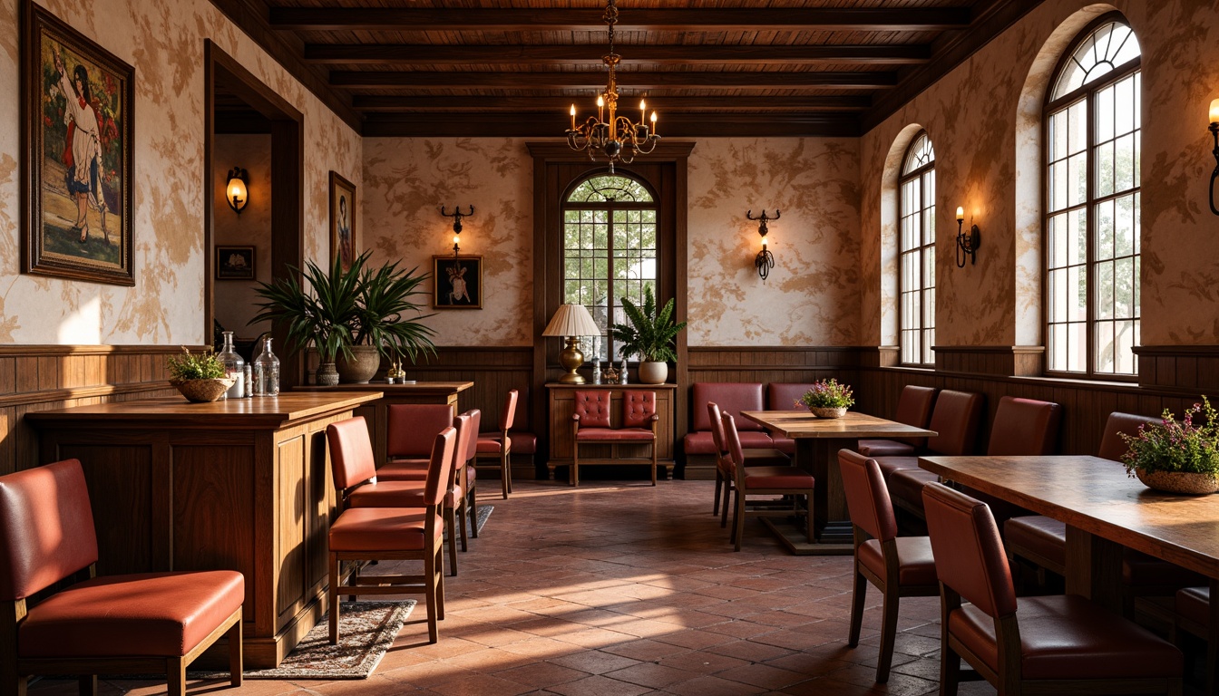 Prompt: Warm earthy tones, terracotta red, rustic brown, creamy beige, rich wood accents, vintage bronze fixtures, distressed stone walls, ornate metalwork, stained glass windows, cozy intimate atmosphere, soft warm lighting, subtle texture overlays, 1/1 composition, realistic rendering, ambient occlusion.