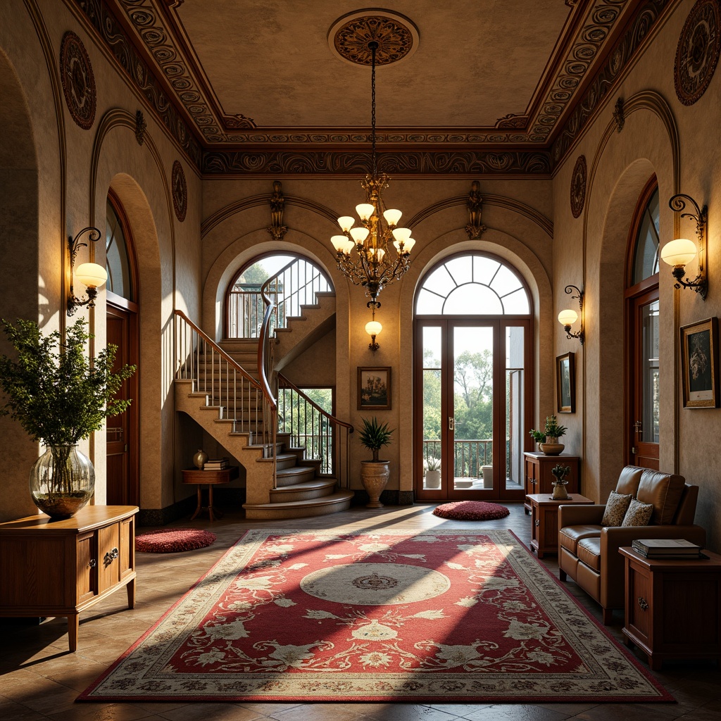 Prompt: Luxurious villa, ornate facade, intricately carved stonework, grandiose entrance, sweeping staircases, opulent chandeliers, richly patterned rugs, lavish furnishings, gilded accents, Baroque-inspired ornamentation, dramatic archways, high ceilings, large windows, rustic wooden doors, warm golden lighting, soft focus, shallow depth of field, 1/1 composition, realistic textures, ambient occlusion.