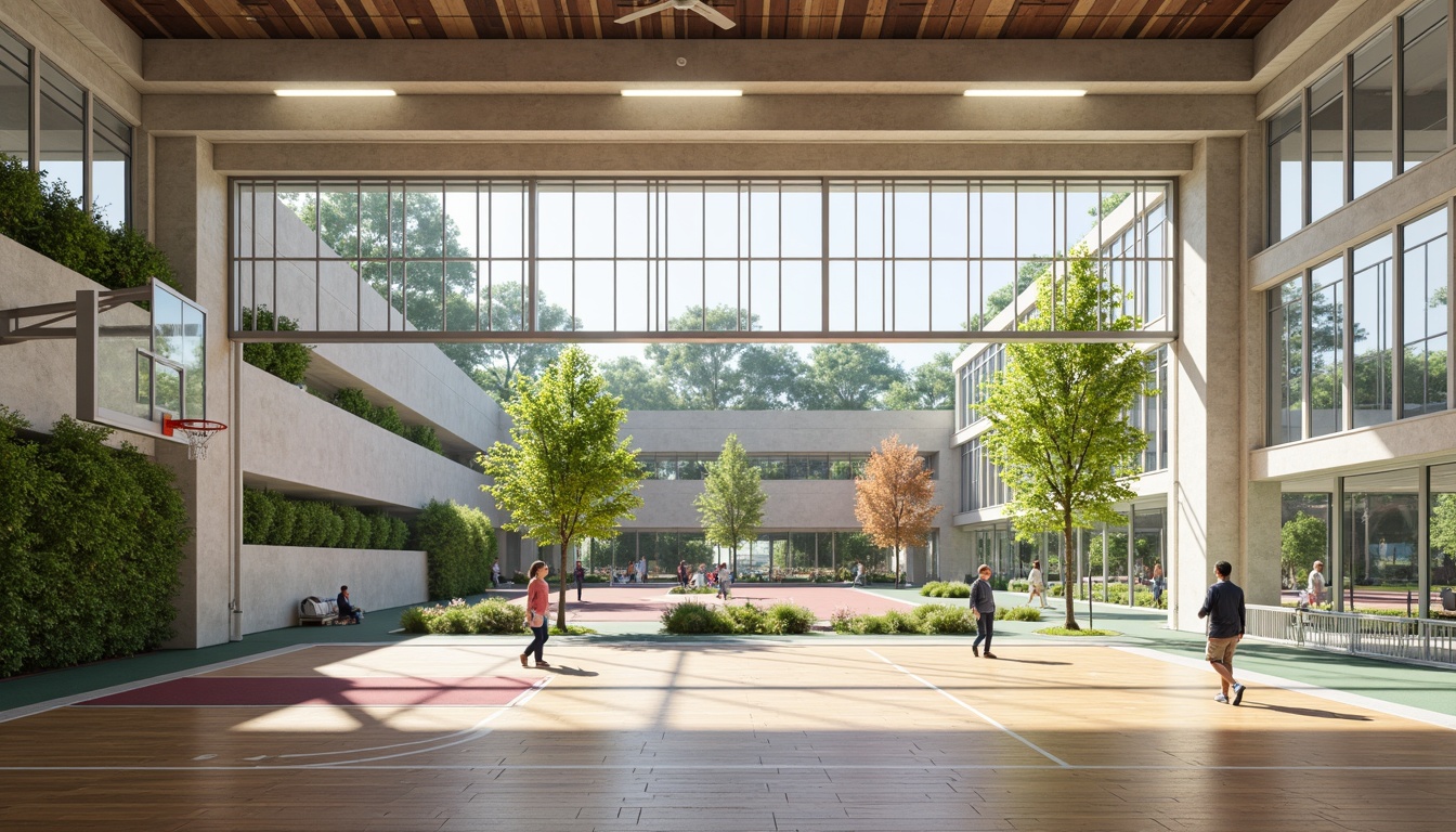 Prompt: Natural light-filled gymnasium, large windows, outdoor views, athletic tracks, sports equipment, basketball courts, tennis courts, soccer fields, wooden floors, modern architecture, cantilevered roofs, green roofs, living walls, outdoor classrooms, shaded outdoor spaces, misting systems, vibrant colorful accents, geometric patterns, organic textures, seamless transitions, indoor-outdoor connections, 3/4 composition, shallow depth of field, panoramic view, realistic lighting, ambient occlusion.