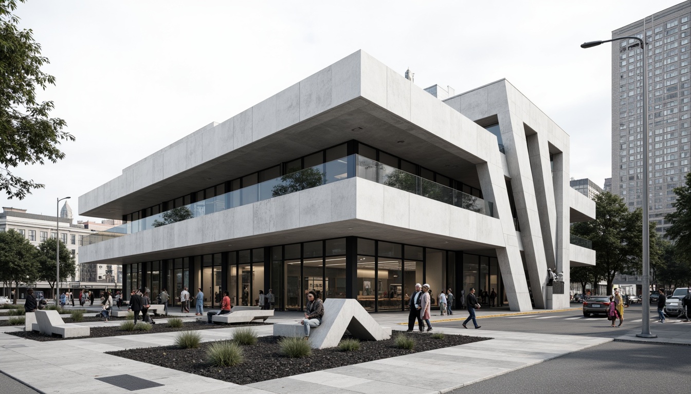 Prompt: Courthouse building, geometric shapes, clean lines, minimal ornamentation, functional layout, open spaces, industrial materials, concrete walls, steel beams, large windows, cantilevered roofs, asymmetrical composition, urban surroundings, busy streets, cityscape views, modern streetlights, pedestrian walkways, minimalist planters, succulent plants, gravel grounds, angular benches, brutalist architecture, abstract sculptures, monochromatic color scheme, overcast skies, high contrast lighting, deep depth of field, 2/3 composition, dramatic shadows.