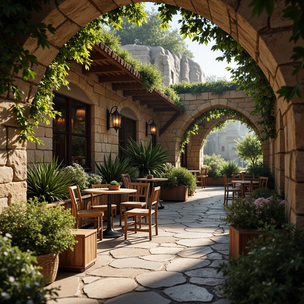 Prompt: Rustic coffee shop, Romanesque arches, ornate stone carvings, lush greenery, vibrant flowers, meandering stone pathways, natural rock formations, wooden benches, wrought iron fences, charming outdoor seating areas, warm lantern lighting, soft afternoon sunlight, shallow depth of field, 1/1 composition, intimate atmosphere, realistic textures, ambient occlusion.