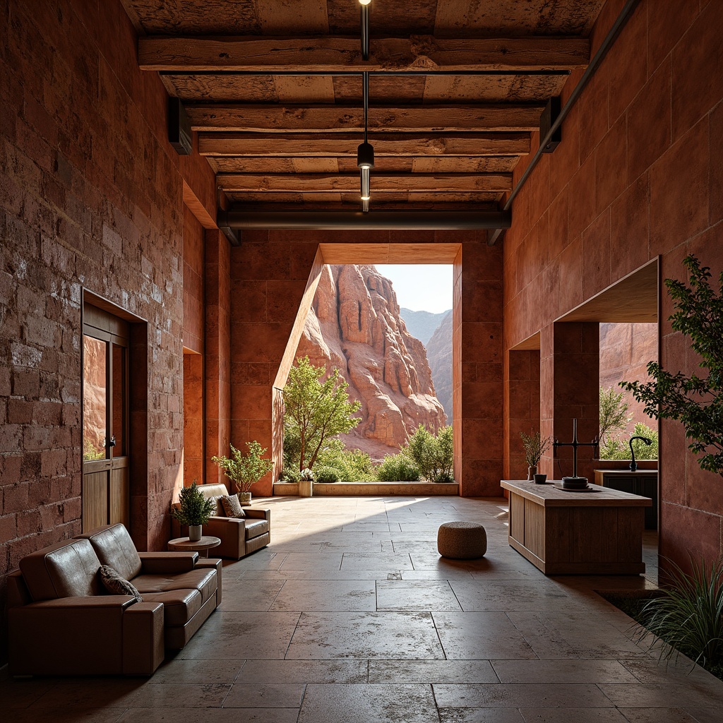 Prompt: Rugged canyon landscape, rusty red rock formations, weathered stone walls, earthy tones, natural textures, rough-hewn wooden accents, distressed metal details, vintage industrial elements, reclaimed wood floors, exposed brick ceilings, sandblasted concrete surfaces, worn leather furnishings, warm ambient lighting, shallow depth of field, 2/3 composition, symmetrical framing, dramatic shadows, high-contrast colors.