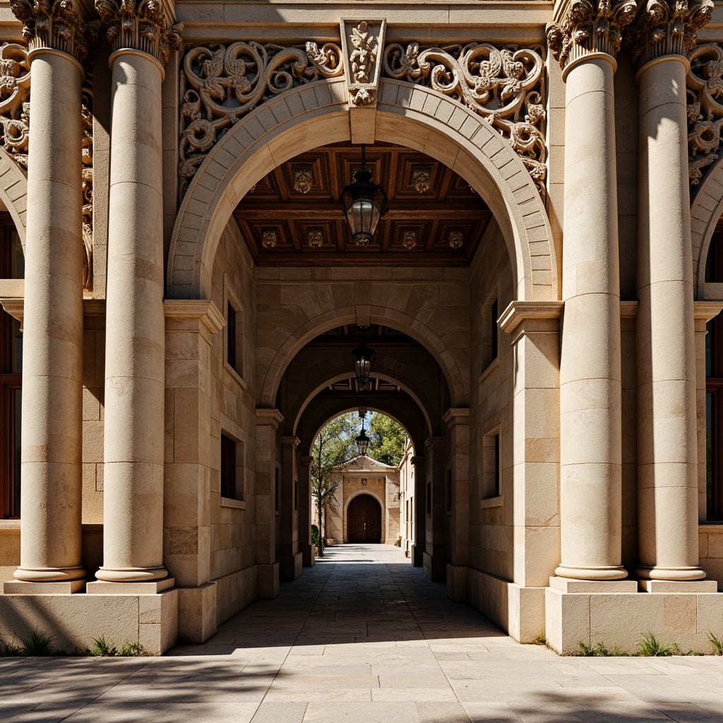 Prompt: Rustic stone facade, Romanesque arches, ornate carvings, grand entranceways, heavy stone columns, intricate stonework patterns, earthy color palette, weathered stone textures, classical architectural details, symmetrical composition, warm natural lighting, soft shadows, 1/2 composition, medium depth of field, realistic stone materials, ambient occlusion.