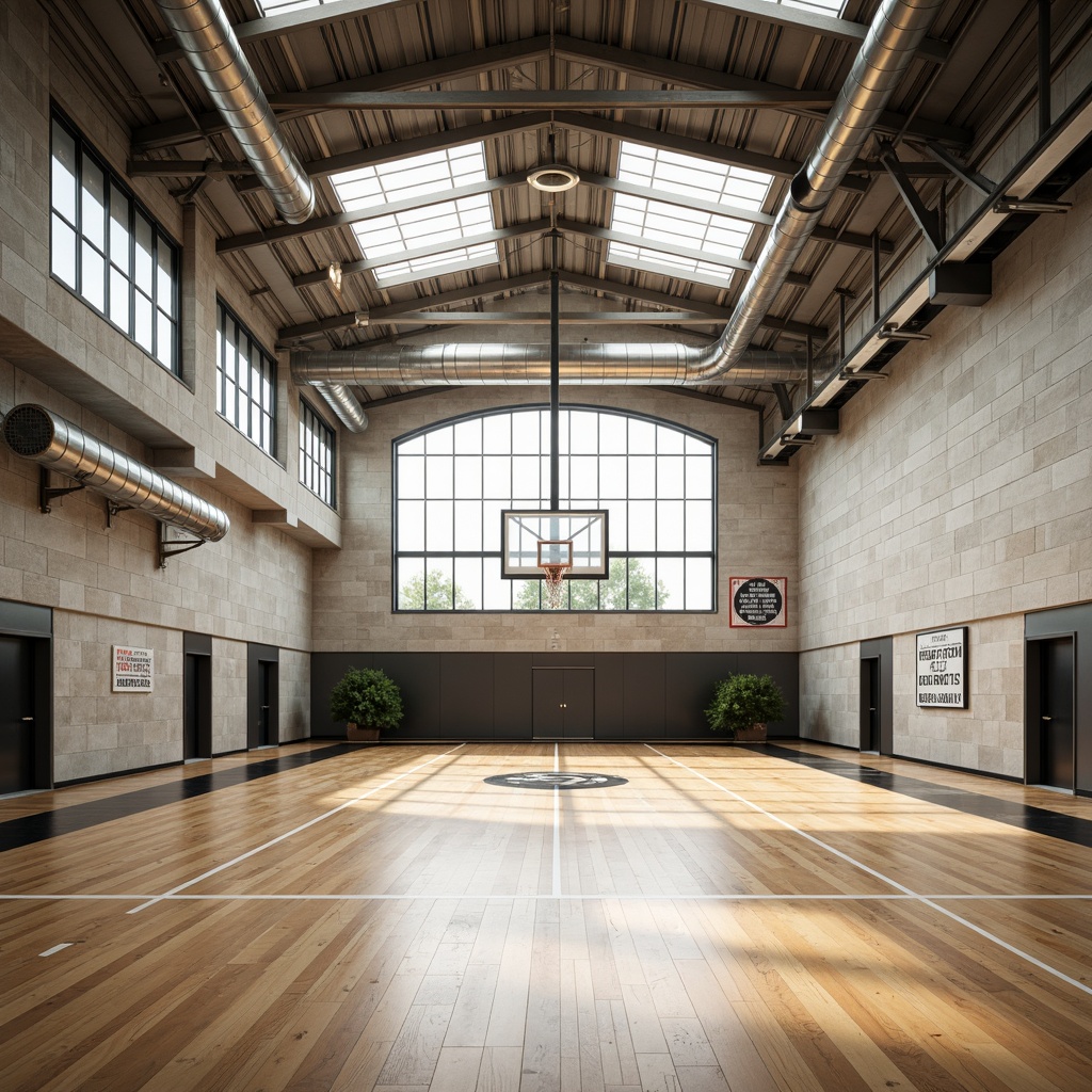 Prompt: Bright gymnasium interior, high ceilings, clerestory windows, natural ventilation, abundant daylight, athletic equipment, basketball courts, wooden floors, sporty atmosphere, modern architecture, minimalist design, industrial chic aesthetic, exposed ductwork, steel beams, concrete walls, motivational quotes, inspirational posters, soft warm lighting, shallow depth of field, 3/4 composition, panoramic view, realistic textures, ambient occlusion.